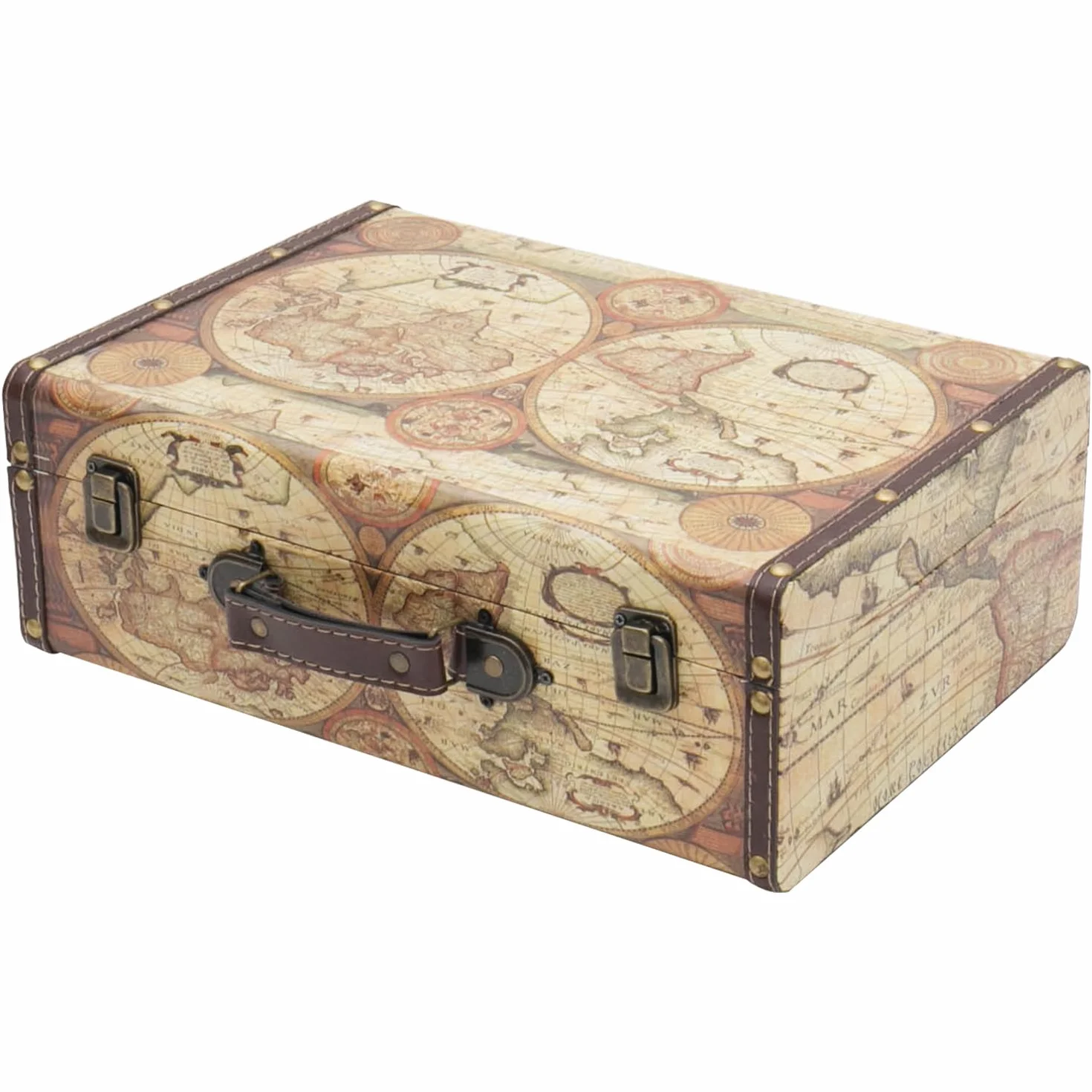 HMF VKO104 drewniana walizka w stylu vintage, 38 x 26 x 13 cm, duża, dekoracyjna mapa świata