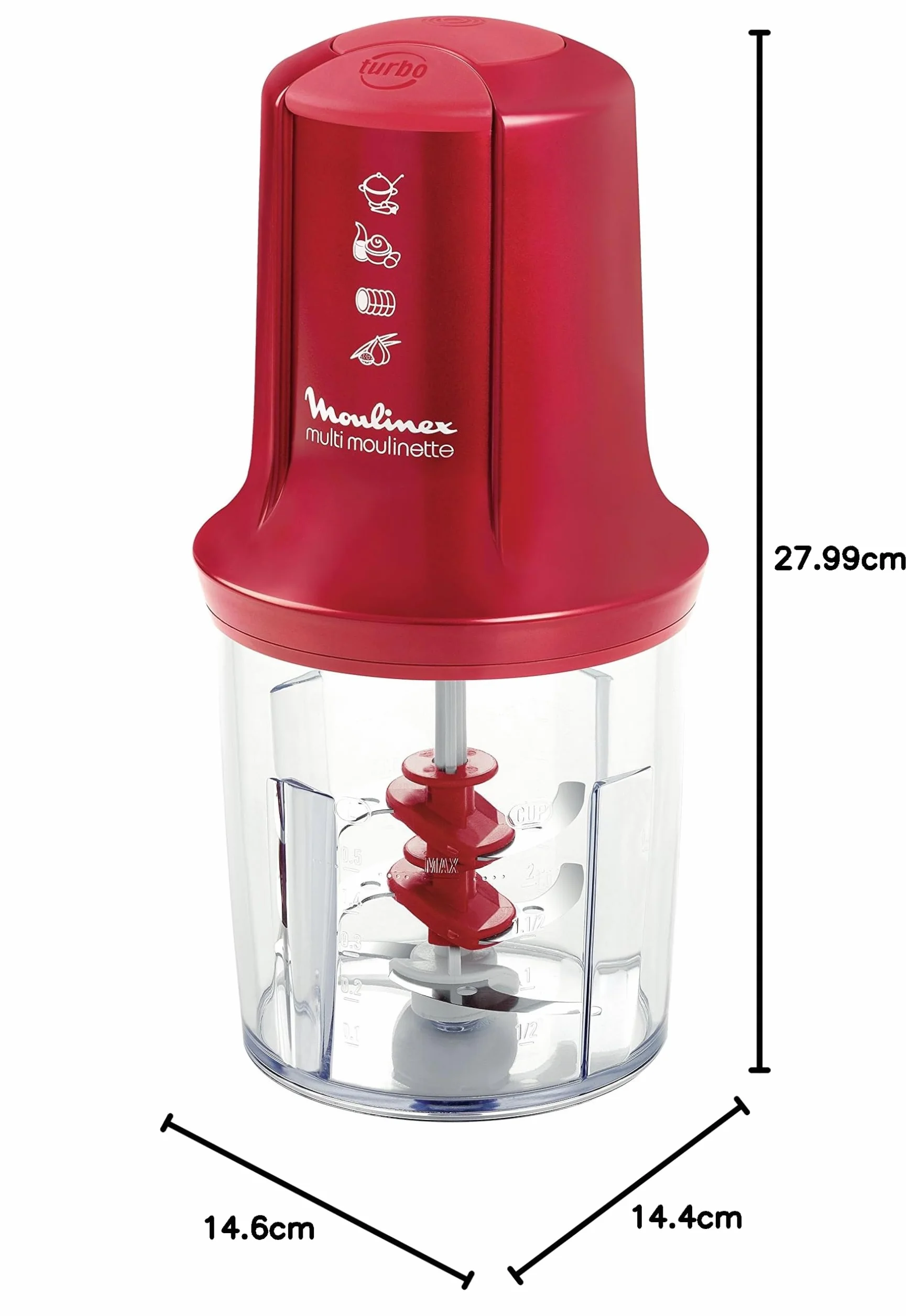 Moulinex Mini Elektryczny młynek do mielenia 3w1, siekanie, mikser, emulgator, majonez, chantilly, mięso, warzywa, zioła, przyprawy, suszone owoce, 2 prędkości, 500 W, czerwony AT714G32