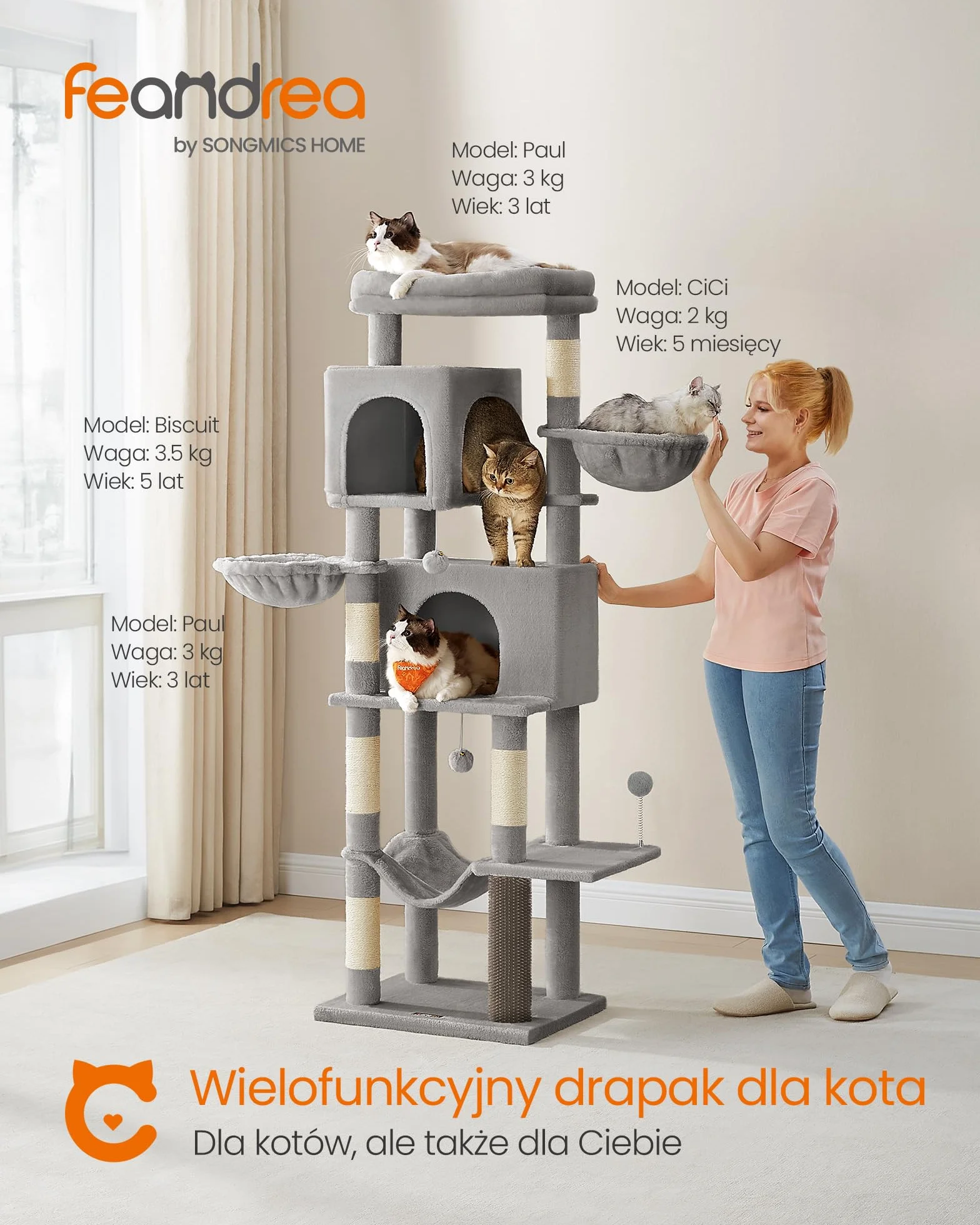 Feandrea Drapak dla kota, wieża dla kota o wysokości 175 cm, wielopoziomowa, z 2 niszami, 2 koszami, 5 drapakami, samodzielna pielęgnacja, okonie, hamak, szarość PCT182G01