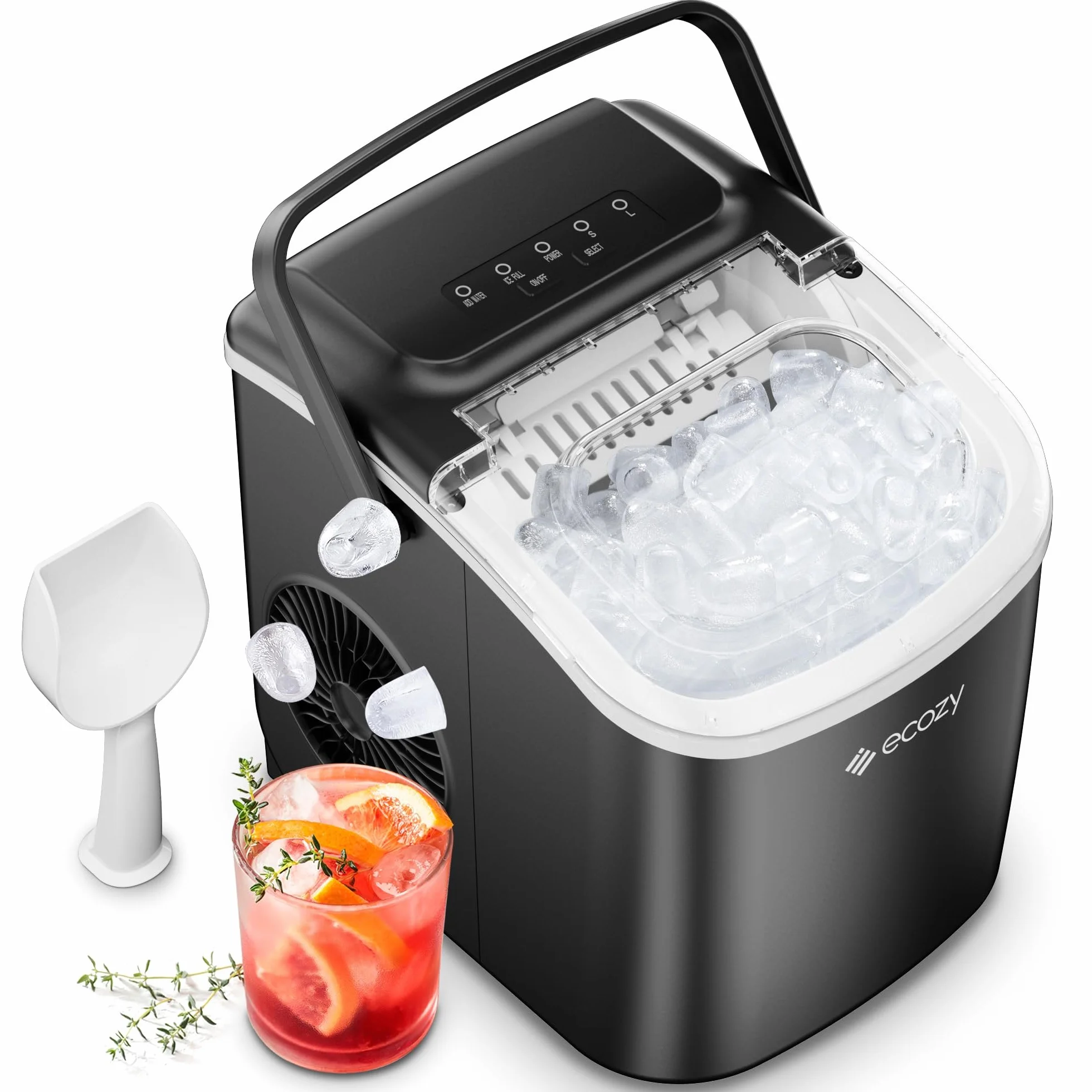 ecozy Maszyna do lodu 12 kg/24h, samooczyszczająca maszyna do lodu do domu, 9 kostek w 6 minutach, 2 kształty lodu, zintegrowany uchwyt, kompaktowy do biura/imprezy/kuchni/barów