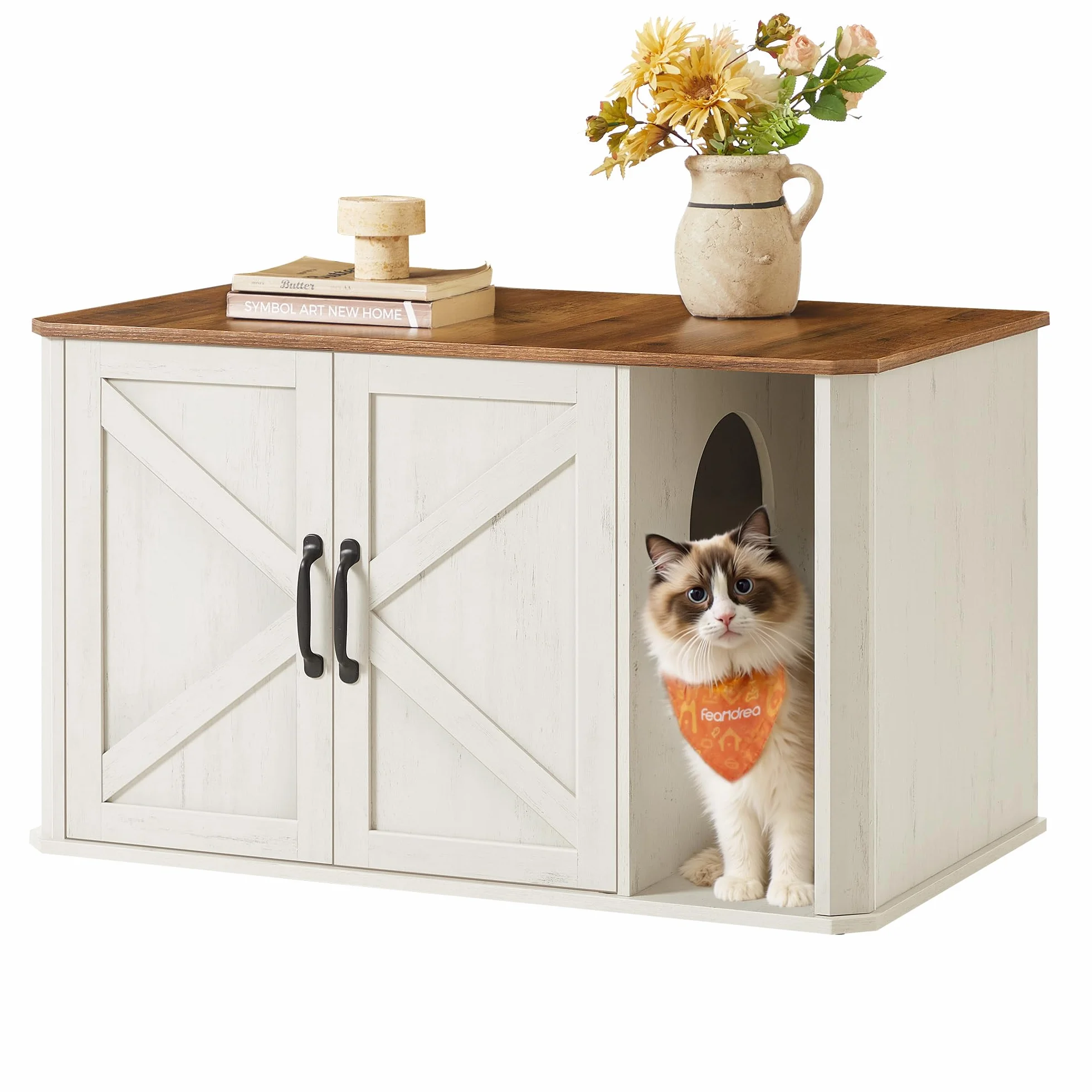Feandrea Cat House szafka na kuwetę 85 x 48,5 x 50 cm miodowy brąz-biel vintage