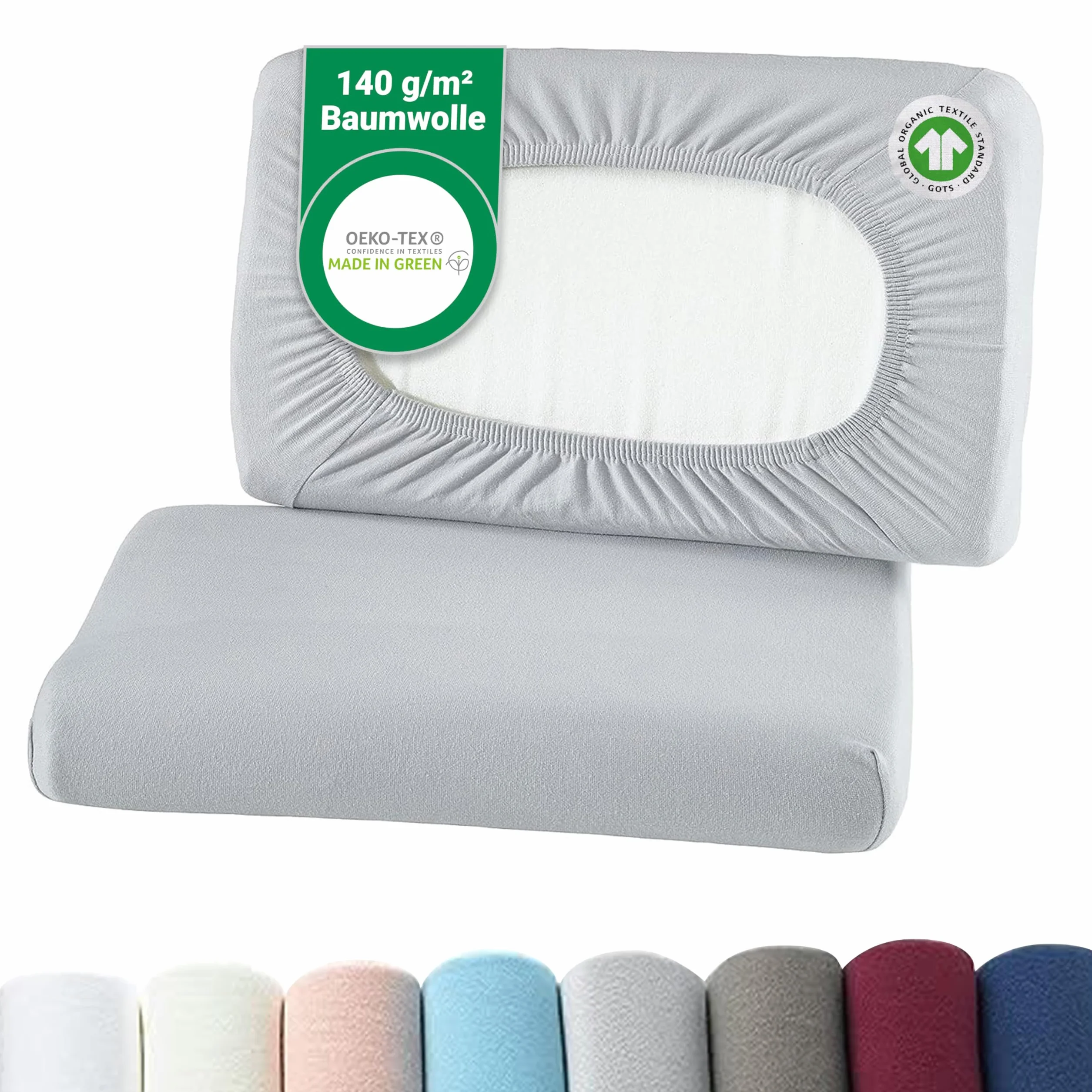 BaSaTex Poszewki na poduszki, ekologiczne, 2 sztuki, na poduszki pod kark i poduszki zdrowotne, 97% bawełna z certyfikatem GOTS + 3% elastan, ok. 45-60 x 30-40 cm, kolor srebrny