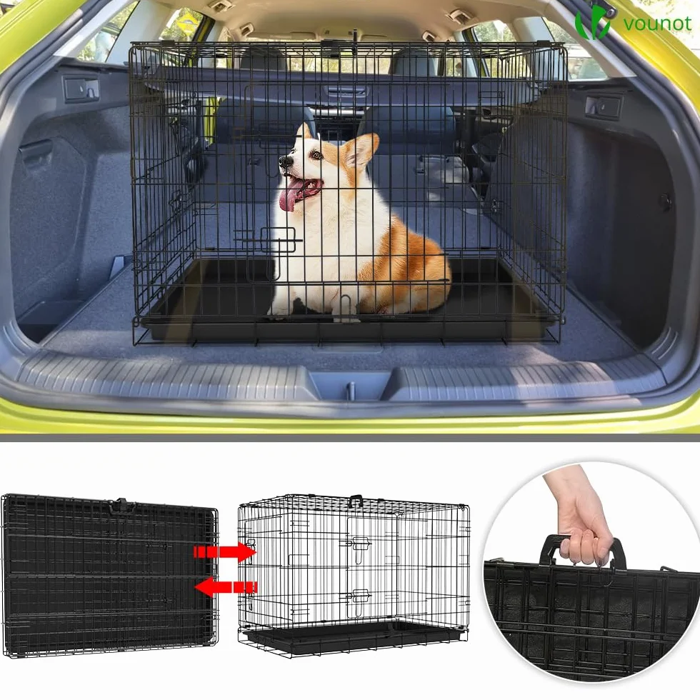 VOUNOT Składana klatka dla psa z 2 zamykanymi drzwiami i zdejmowaną tacą składana metalowa klatka dla psa transporter dla psa 92 x 58 x 64 cm czarna