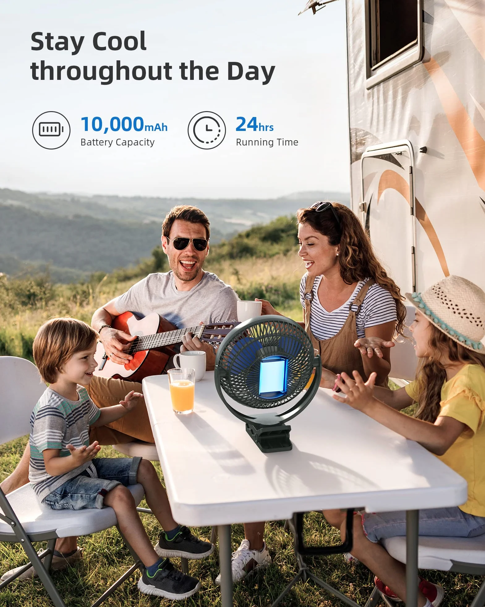 Koonie 10000mAh Wentylator przypinany, 20 cm przenośny wentylator, ładowany przez USB, obrót o 360° i 4 prędkości, silny przepływ powietrza, mocne mocowanie do biurka, golfa, samochodu, podróży na