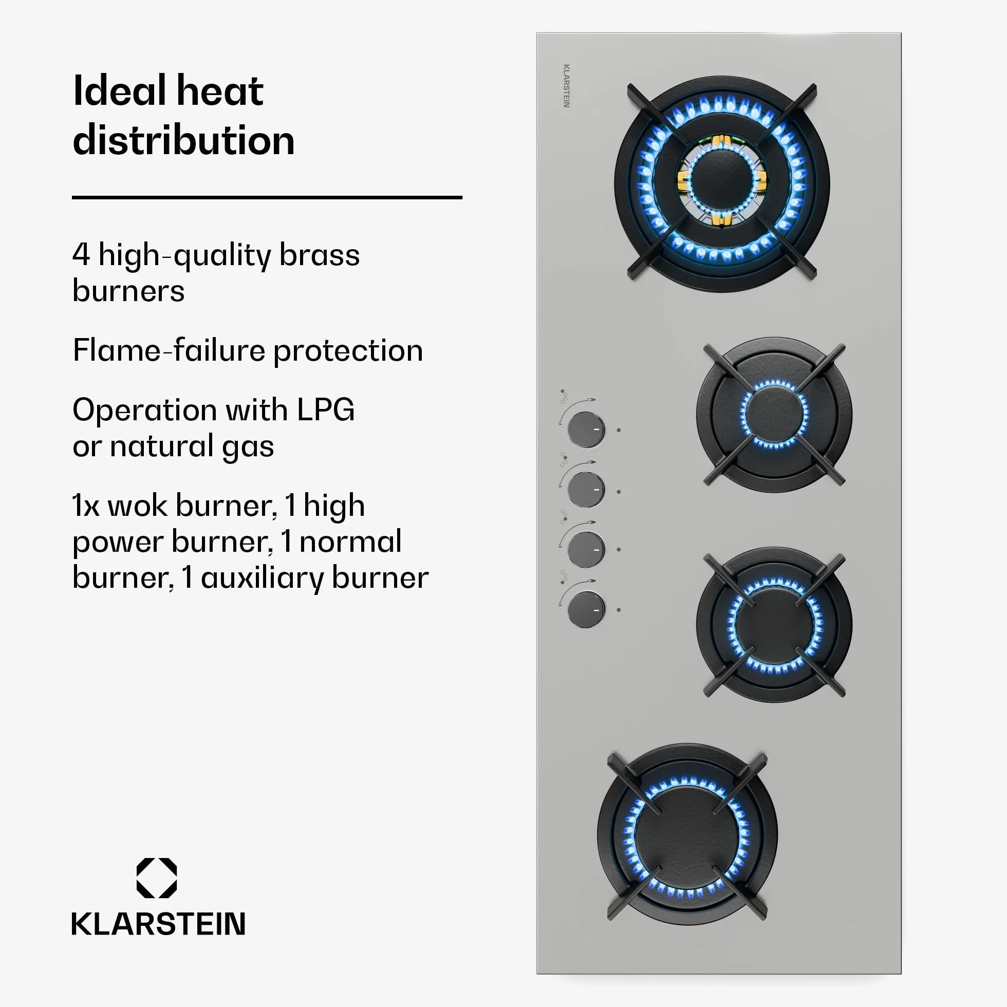 Klarstein Goldflame 4 Slim Płyta gazowa, 4 palniki mosiężne, 3,4kW, 2,4kW, 1,8kW, 1kW, Zapłon SnapJet, Zabezpieczenie przeciwwypływowe, Kuchenka z żeliwnymi krzyżakami, Stal, W zestawie wąż i reduktor