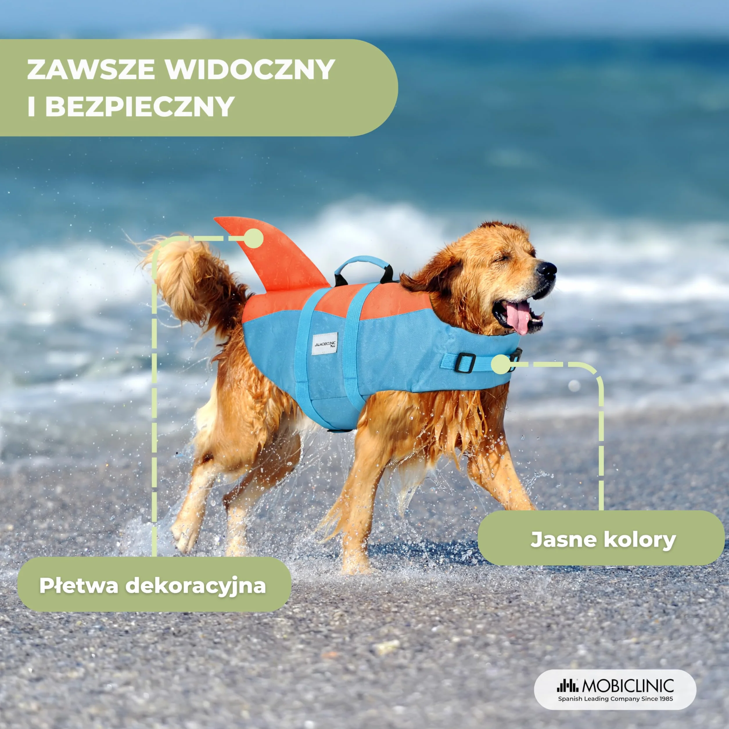 Mobiclinic®, Kamizelka Ratunkowa dla Psa, Konstrukcja Płetwy Rekina, Uchwyt Ratunkowy, Regulowane Szelki, Kółko do Smyczy, Wysoka Wyporność i Widoczność, Sharky, Lekkość, Pływanie, Surfing, Żeglarstwo