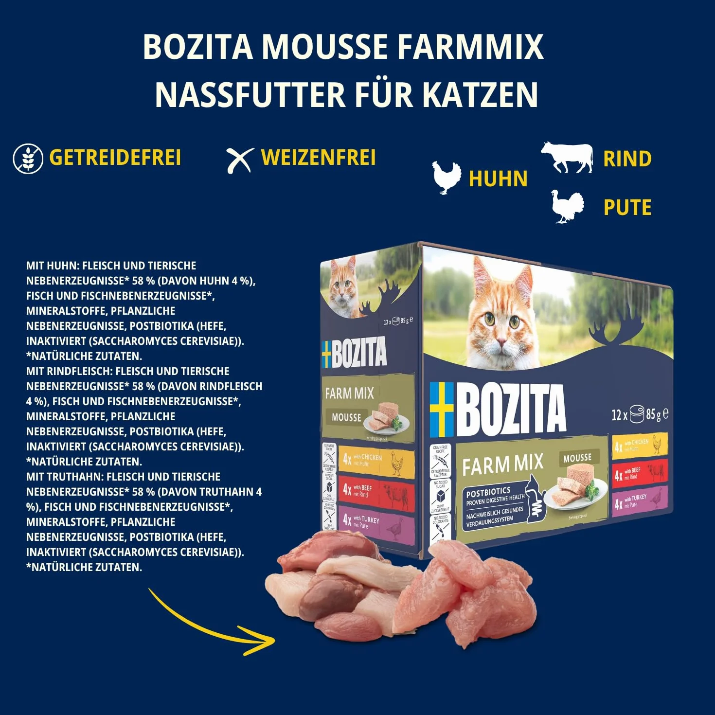 BOZITA Mousse Farm Mix 12 x 85 g mokra karma dla smakoszy z kurczakiem, wołowiną i indykiem z postbiotykami