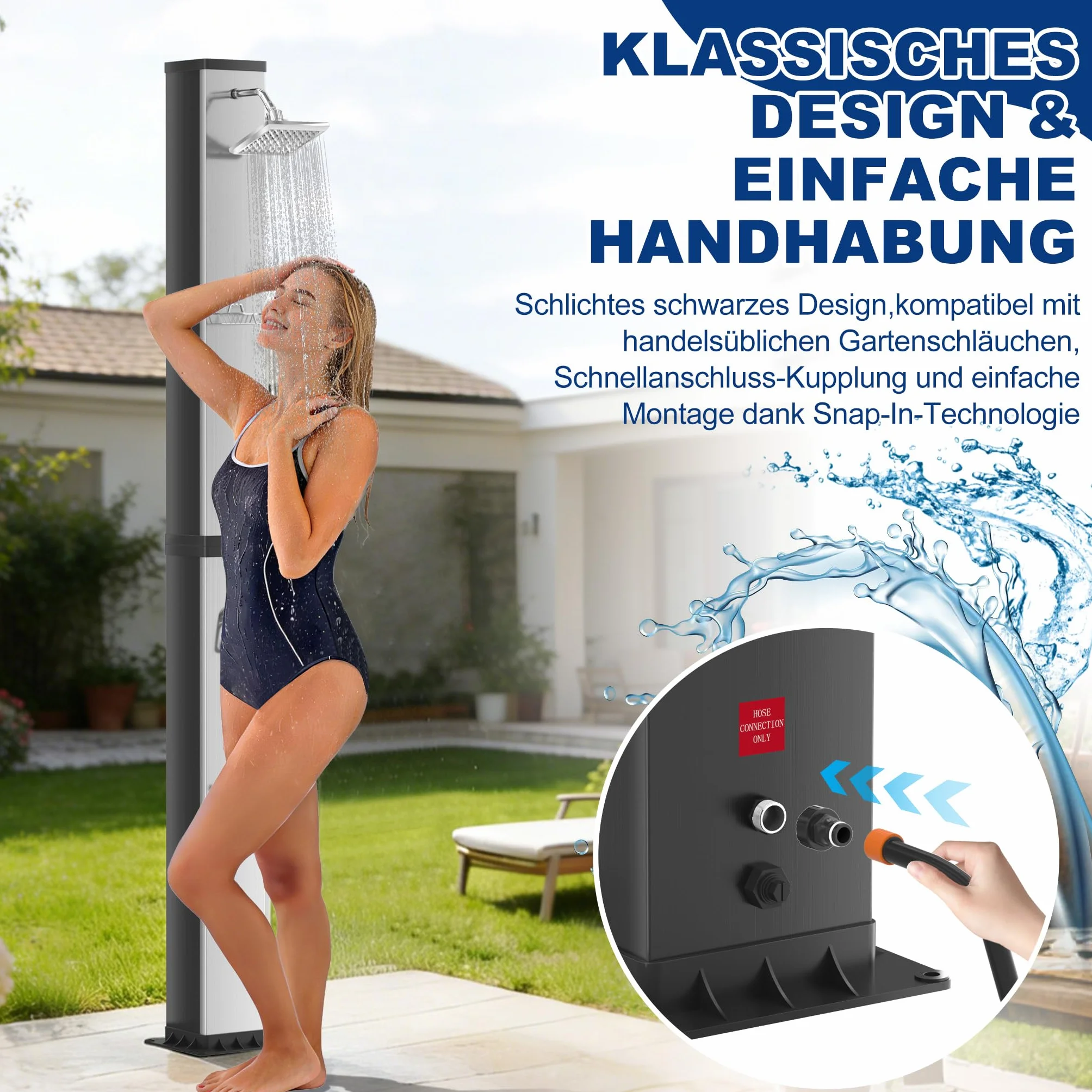 XMTECH Prysznic solarny 40 l, prysznic ogrodowy, do 60°C, srebrno-czarny, prysznic zewnętrzny z deszczownicą 360°, słuchawka prysznicowa, prysznic dla stóp, bez prądu, do ogrodu, basenu, na kemping, w