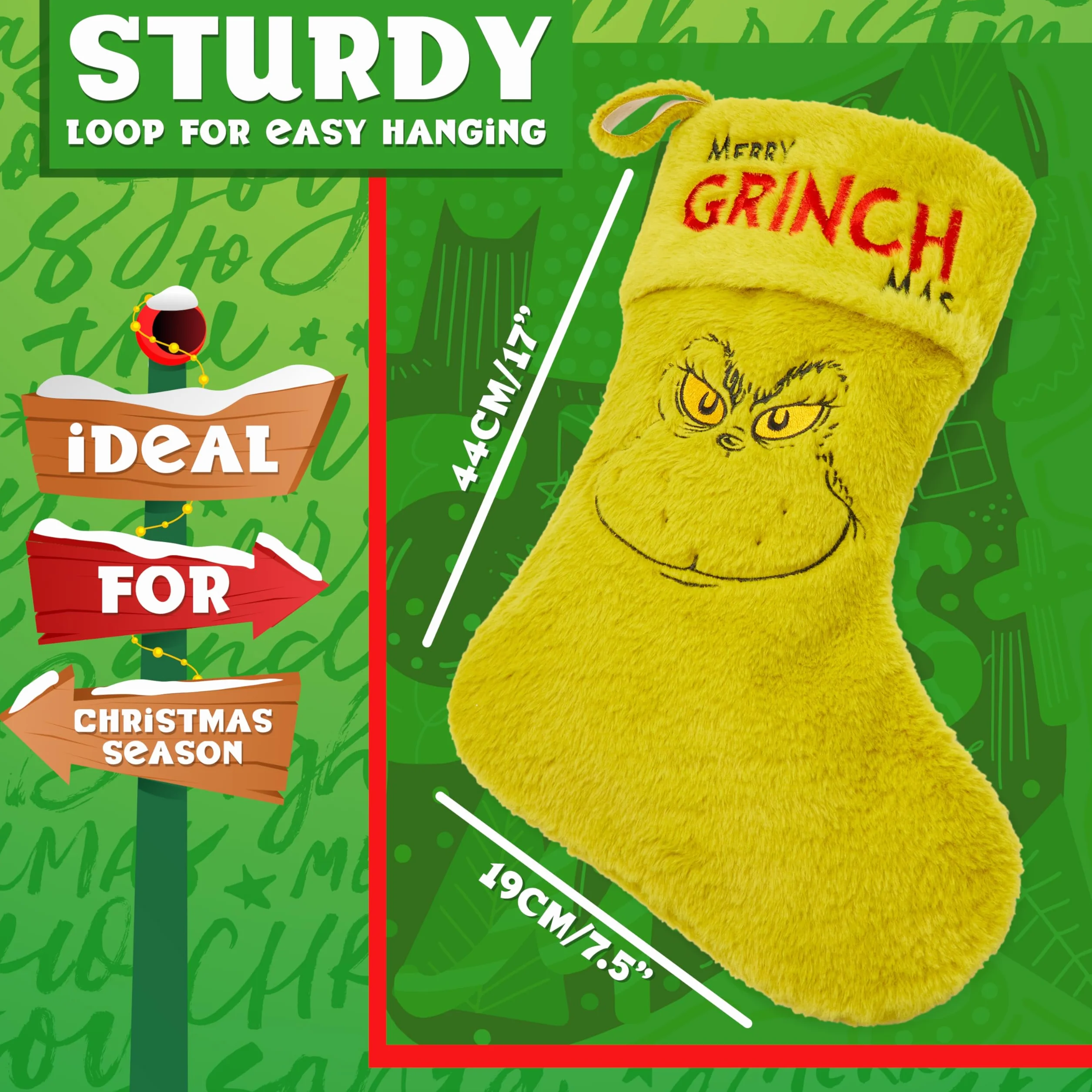 Wypełniacz do skarpet Świąteczny Grinch Wielki 44cm, Świąteczna Wisząca Dekoracja Zielona Skarpeta na Święta Rodzinne Boże Narodzenie Prezenty