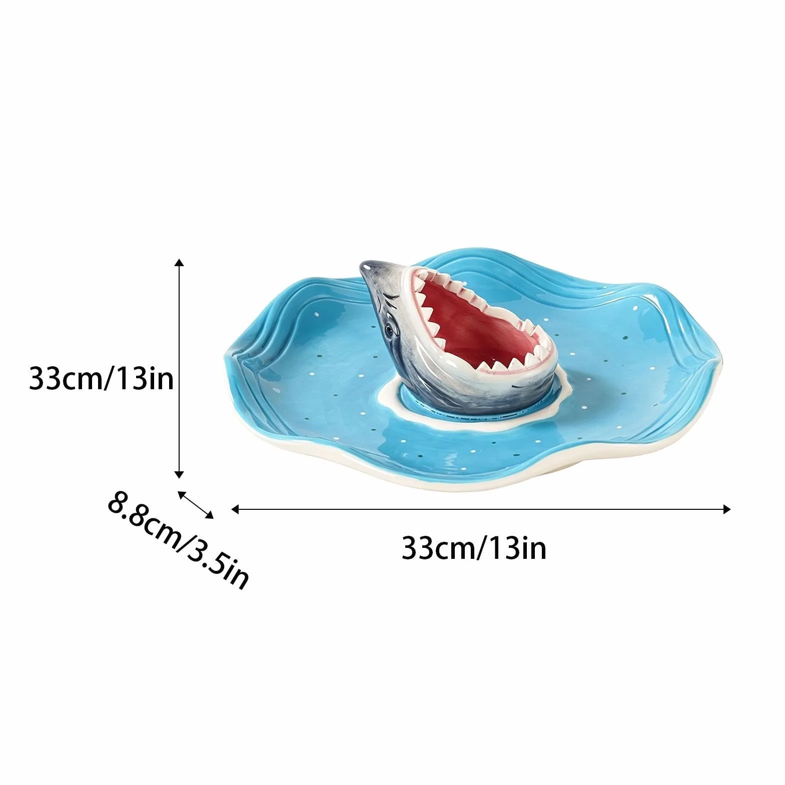 Shark Serving Platter ceramiczny z zabawną przegródką na sosy | Ceramiczna taca na przystawki do Charcuterie, taco, ryb, burgerów, sosów, owoców morza, przekąsek