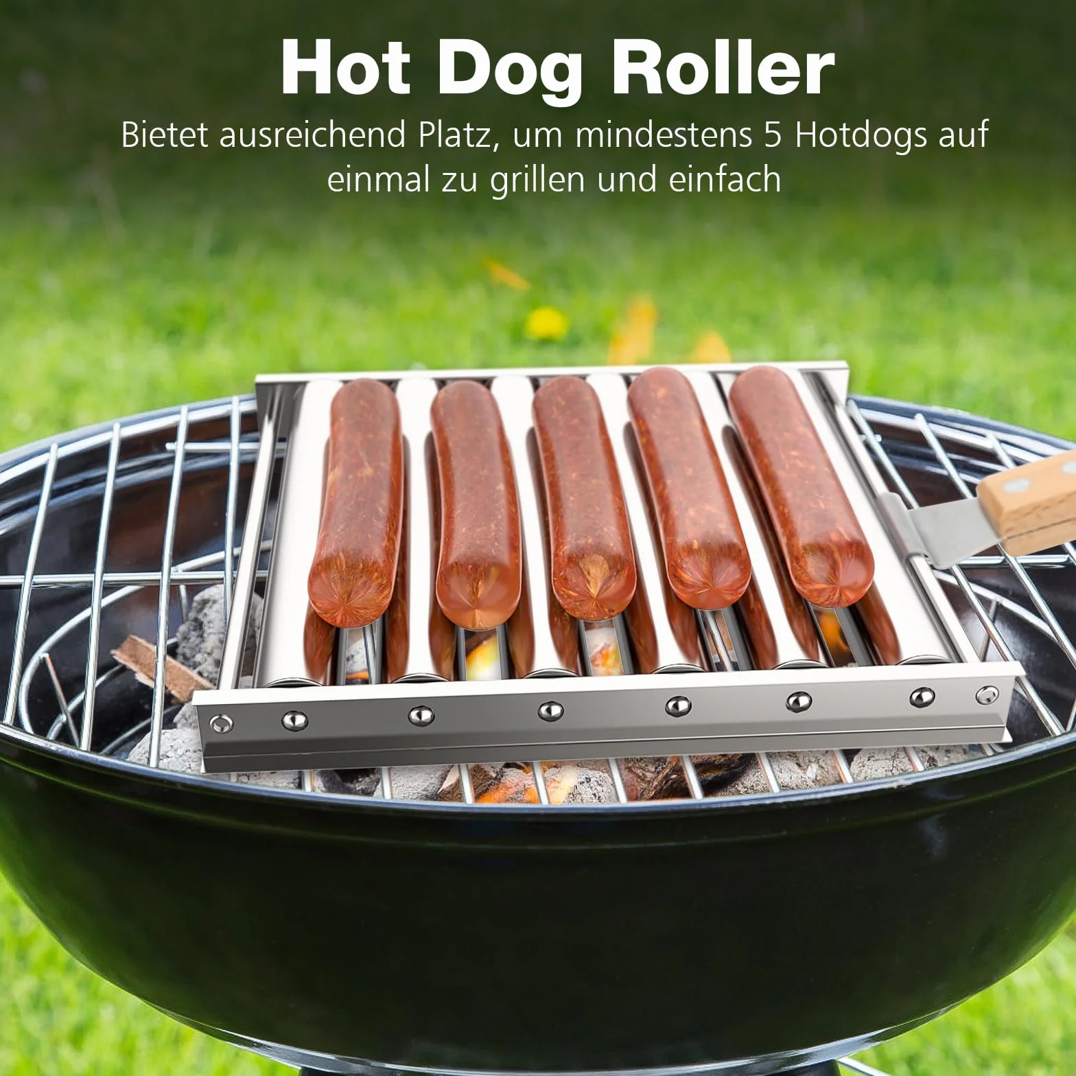 CLOPAE Hulajnoga do grillowania hot dogów, z drewnianym uchwytem, do równomiernego przyrządzania hot dogów
