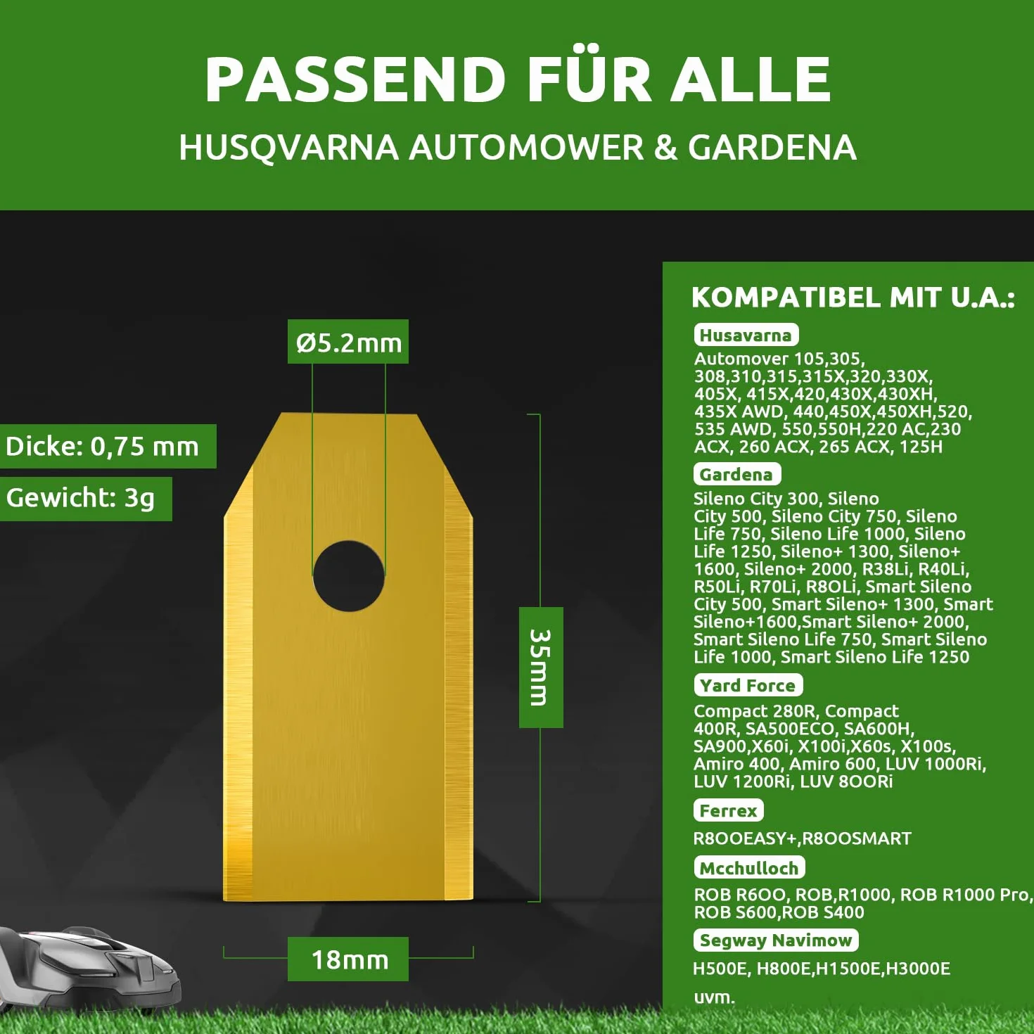 Wysokiej jakości zapasowe noże do automatycznej koszenia trawy – 36 sztuk tytanowych noży do kosiarki do trawy ze śrubami – do kosiarek Husqvarn Automower/Yardforce/Gardena (3 g – 0,75 mm) – nóż