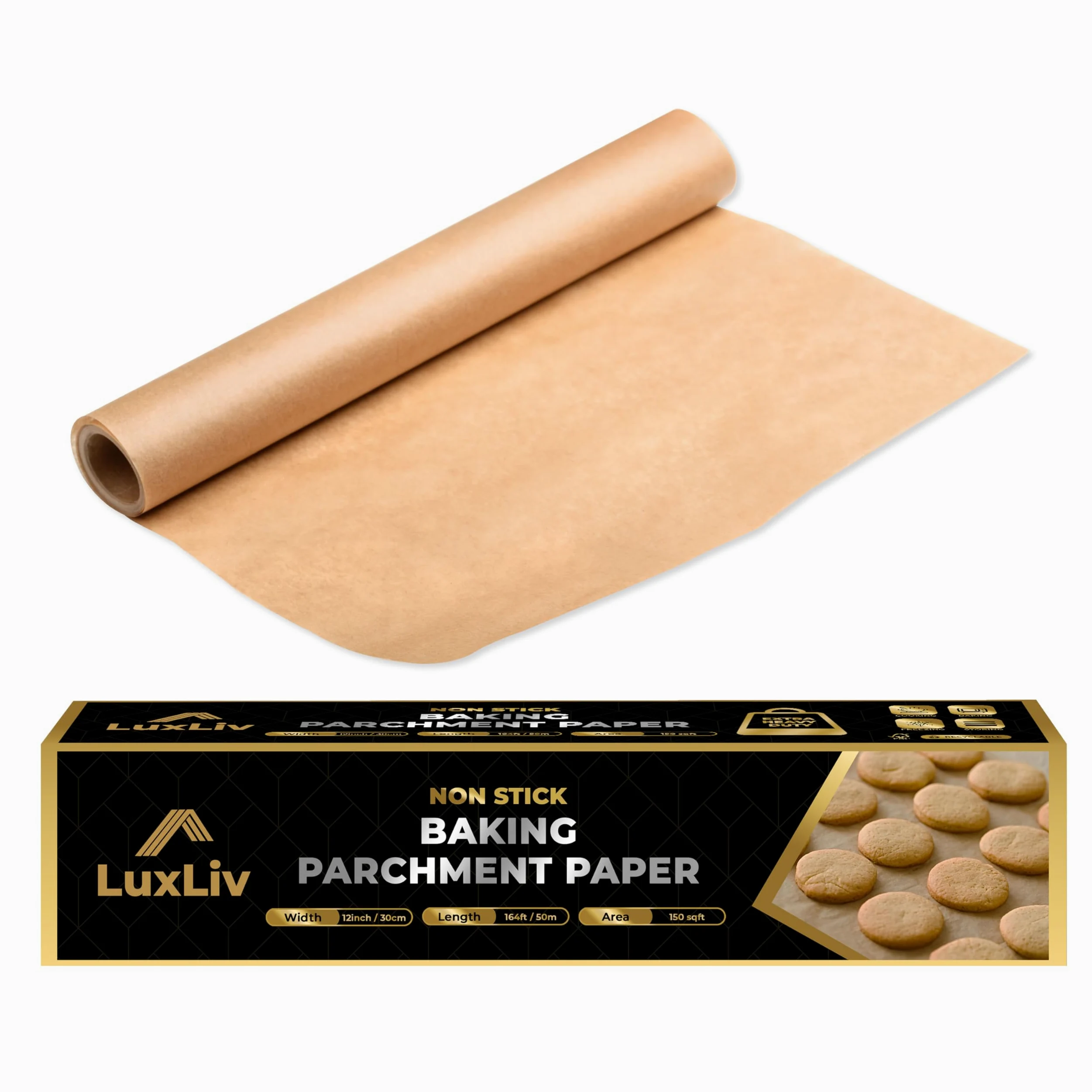 Wysokiej jakości papier do pieczenia o szerokości 30 cm i długości 50 m długości, nieprzywierający, odporny na tłuszcz, niewybielony brąz, ekstra gruby