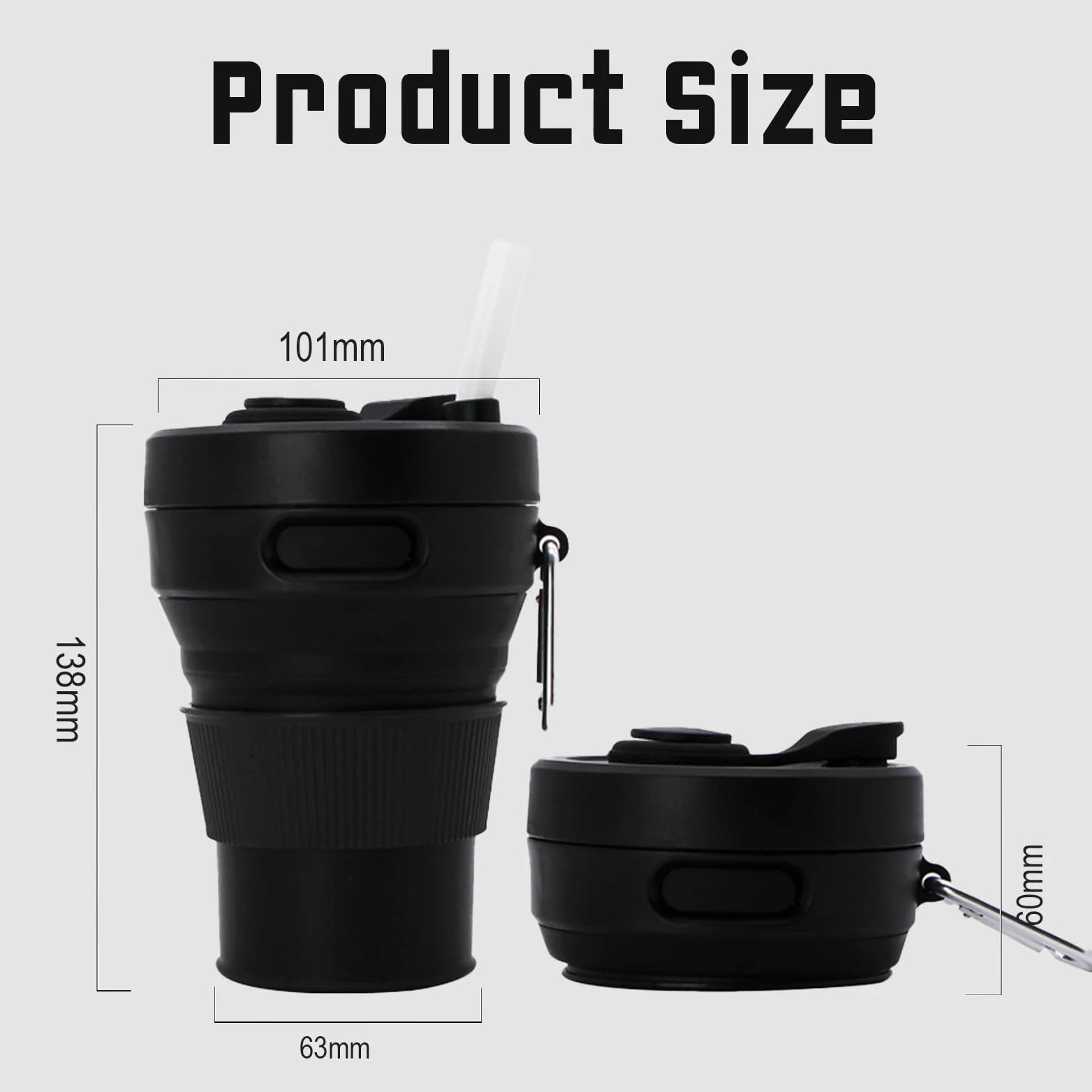 Składany kubek do kawy z pokrywkami, 15oz/450ml, czarny, silikonowy, przenośny, wielokrotnego użytku, składany, kempingowy, podróżny kubek mieści się w kieszeni (składany do 6 cm)