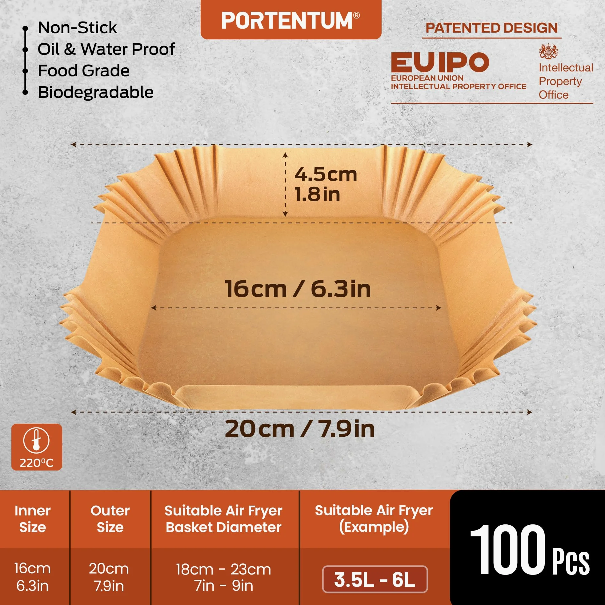 Portentum Square Papier do Frytownic Bezolejowych, Brązowy, 100 Sztuk