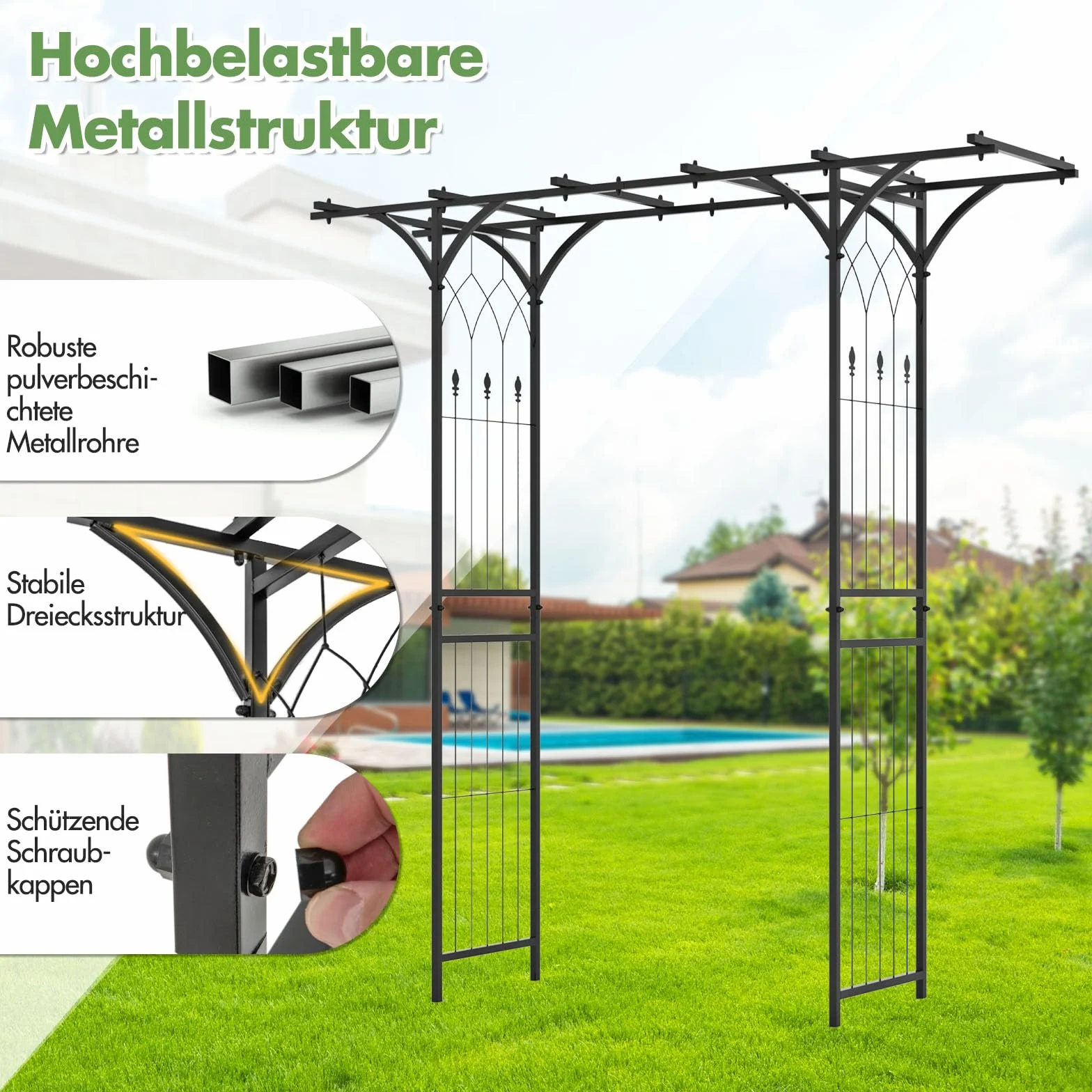GOPLUS Łuk do róż z metalu, 200 x 52 x 206 cm, łuk ogrodowy z kratkami i rozszerzonym dachem, pergola, pomoc dla roślin pnących, łuk weselny do ogrodu, na wesele i imprezę
