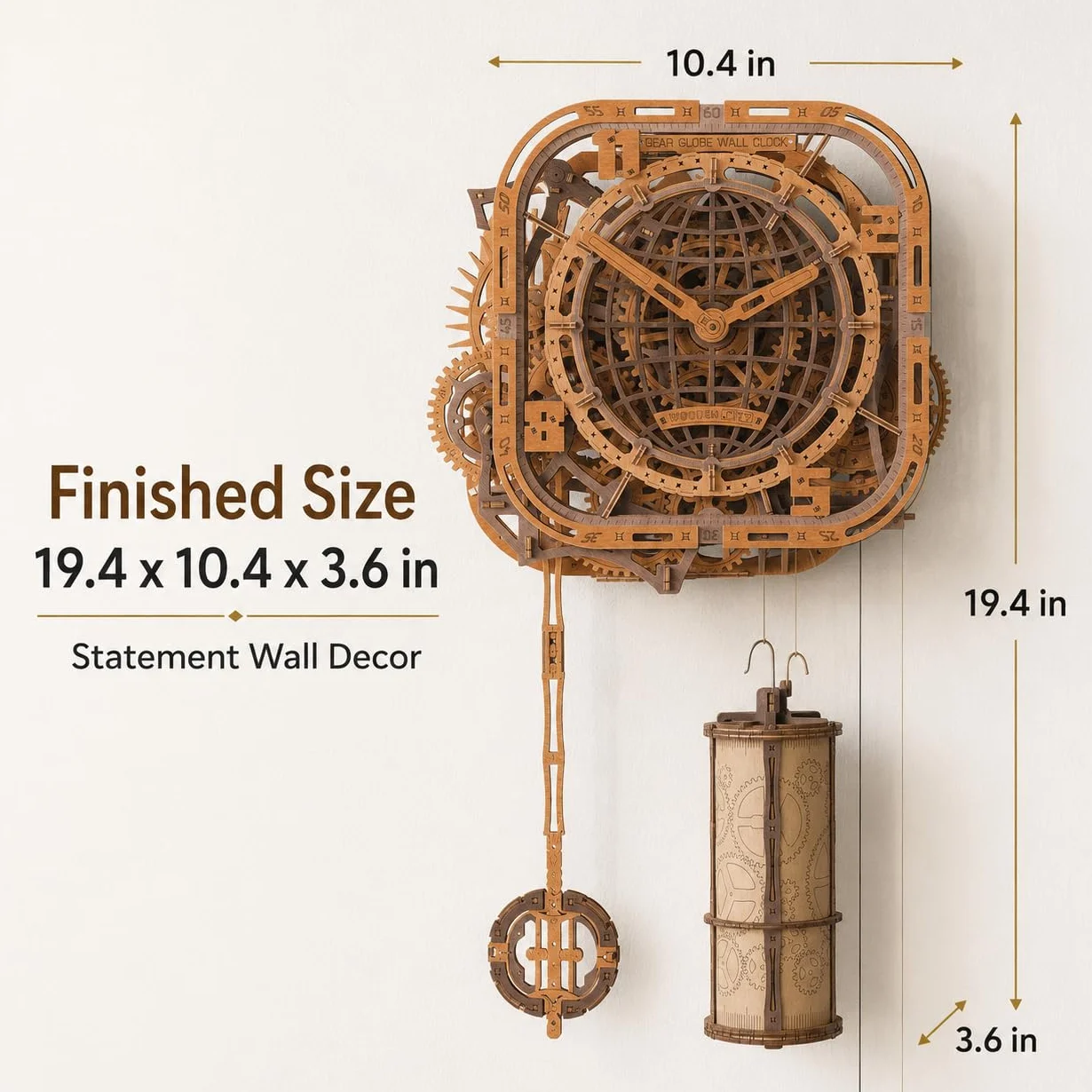 WOODEN.CITY 3D Drewniane puzzle – zegar ścienny Gear Globe, drewniany zegar, puzzle, model, zestaw do budowania dla dorosłych, 369 elementów, mechaniczny zegar z puzzlami 3D, nie wymaga kleju