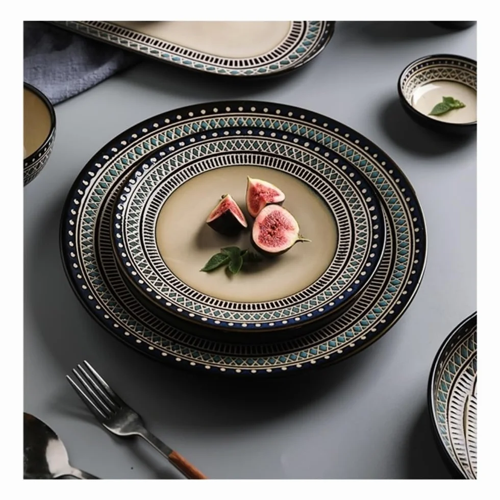 Ceramiczne talerze obiadowe w stylu vintage - talerze do steków w stylu zachodnim, 20 cm zastawa stołowa do jadalni