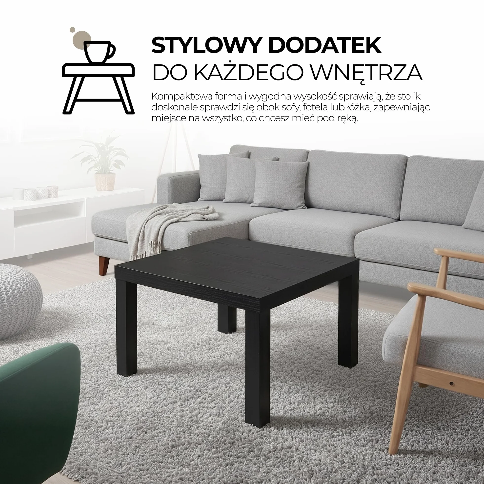 Nowoczesny stolik kawowy biały i czarny ze wzorem – mały stolik do salonu 55 x 55 cm – kwadratowy stolik kawowy – mini stolik i stolik kawowy – czarny