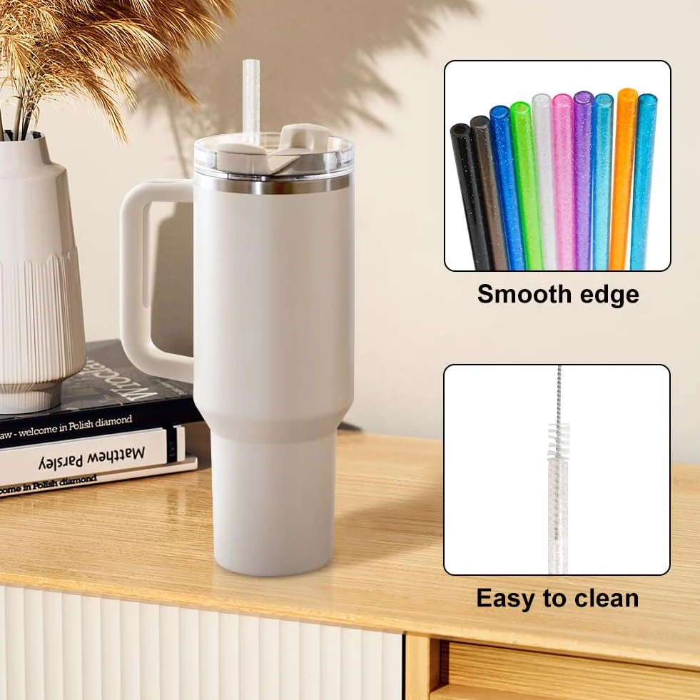AUAUY 10 sztuk kolorowych słomek zamiennych do Stanley 40 oz 30 oz Tumbler, słomki do tumblerów z szczotką do czyszczenia, wielokrotnego użytku brokatowe słomki do akcesoriów Stanley Cup