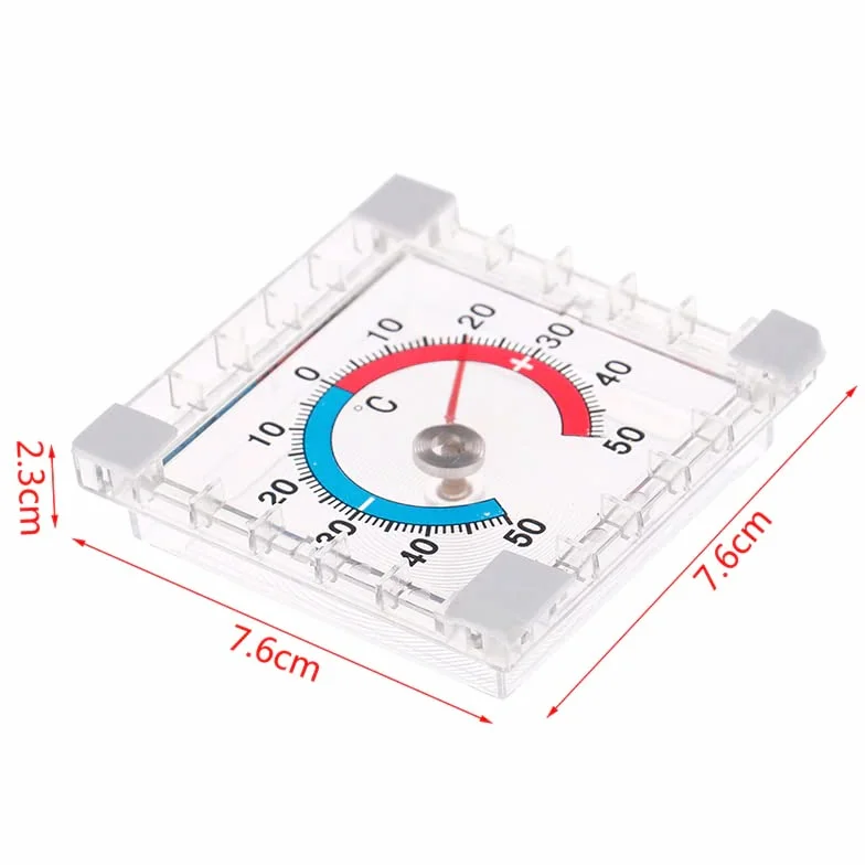 Retoo termometr analogowy przezroczysty samoprzylepny okienny na zewnątrz, 7,5 x 7,5 cm, odporny na warunki atmosferyczne, do szyby okiennej, wskaźnik temperatury, + 50°C, dwukolorowa skala