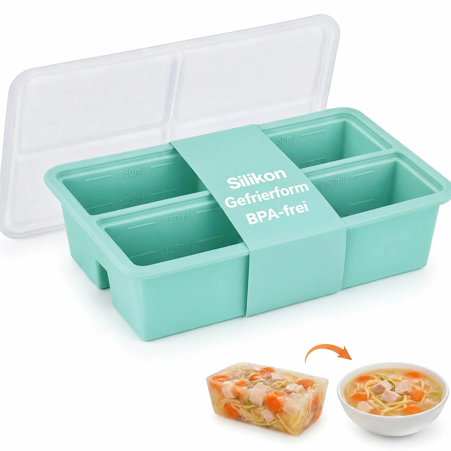 Defresit Pojemnik do mrożenia zupy z silikonu – 4 komory 250 ml z podziałką 125/250 ml i pokrywką, na bulion i sos, do zmywarki (Zielony)