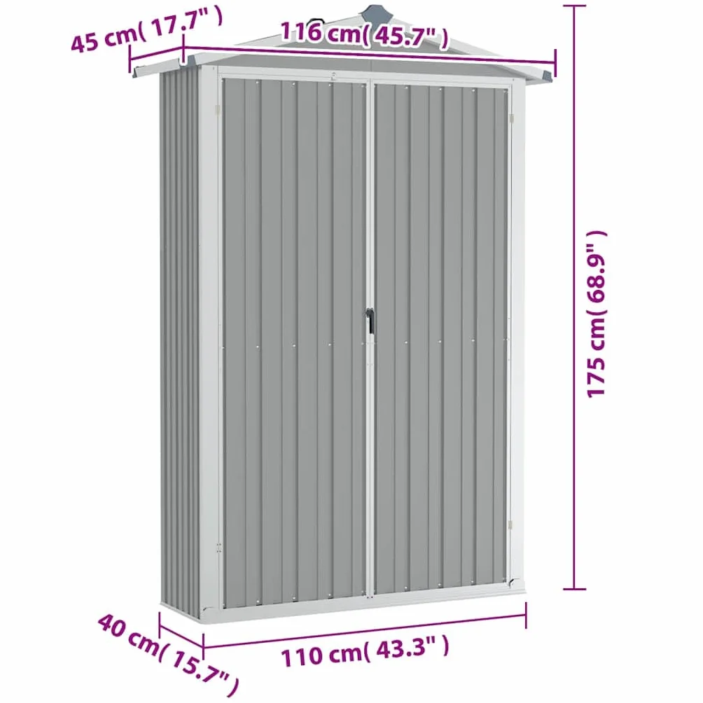 vidaXL Szopa ogrodowa, szara, 116x45x175 cm, stal galwanizowana