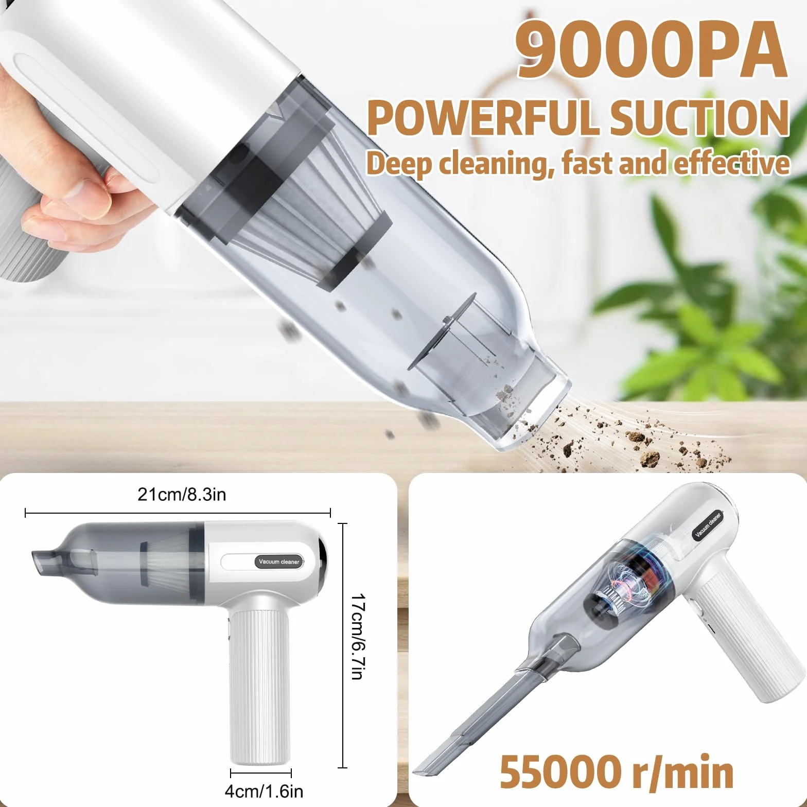 Bezprzewodowy Odkurzacz Ręczny 9000PA, Mini Przenośny 3 w 1, Szybkie Ładowanie USB, do Samochodu, Sierści Zwierząt, Dywanów, Domu, Biura, Biały