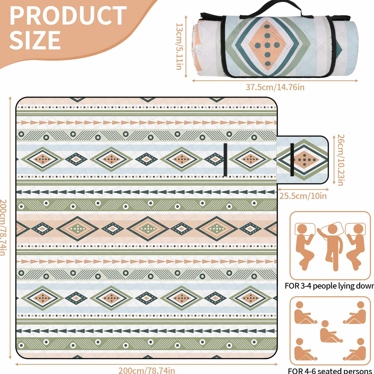 Mata Piknikowa Styl Boho, 200 × 200 cm Piaskowy Koc Plażowy, Przenośny Koc Plażowy, Koc na Zewnątrz, Odpowiedni do na Zewnątrz, Grill, Piknik, Plaża, Park, Koc na Kemping Podróżny