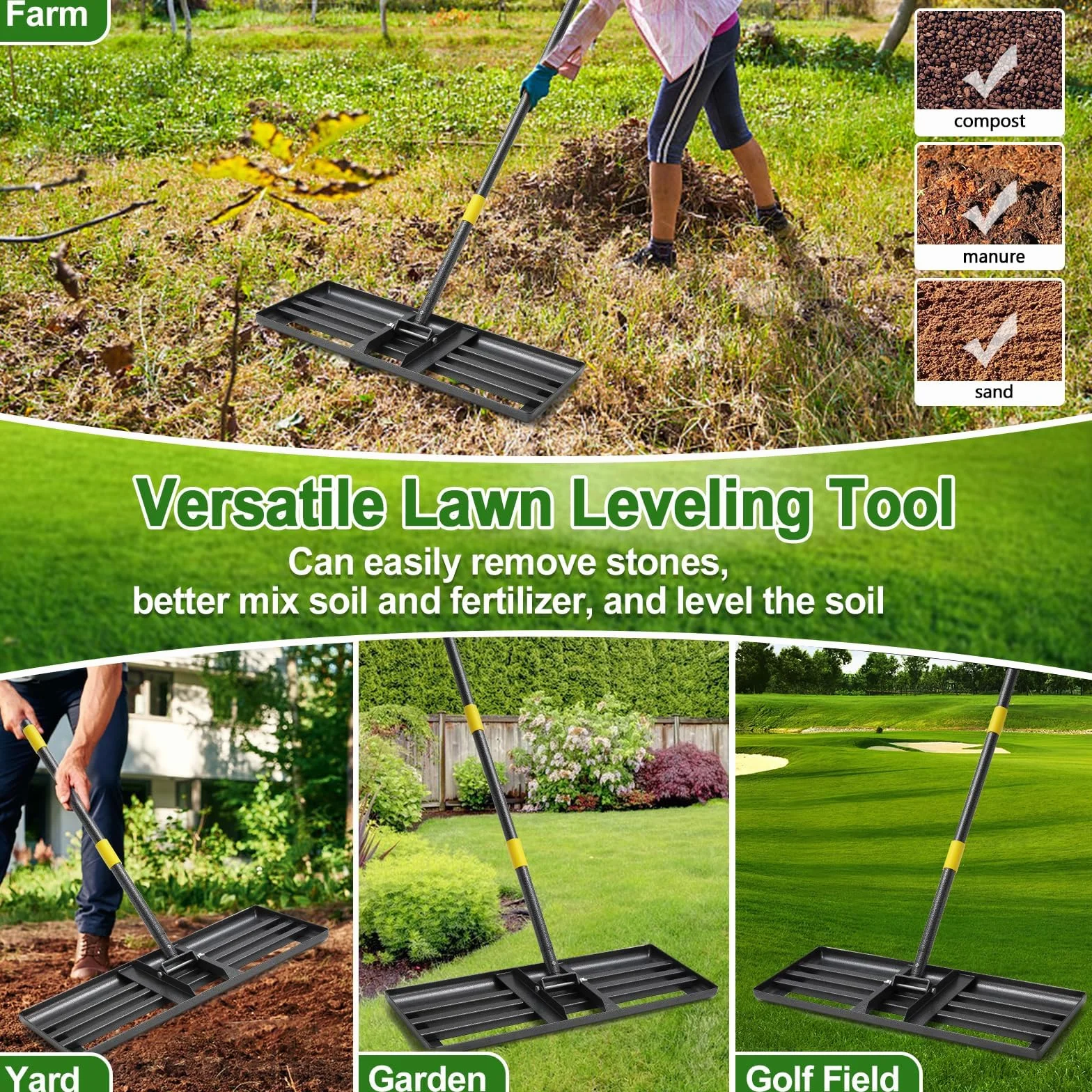 Rakla Lawn Leveling Rake z długim uchwytem – 182 cm, do golfa trawy, survivalowa, górny dressing, ze stali nierdzewnej, do ogrodu, na podwórko, trawnik (76 x 25 cm)