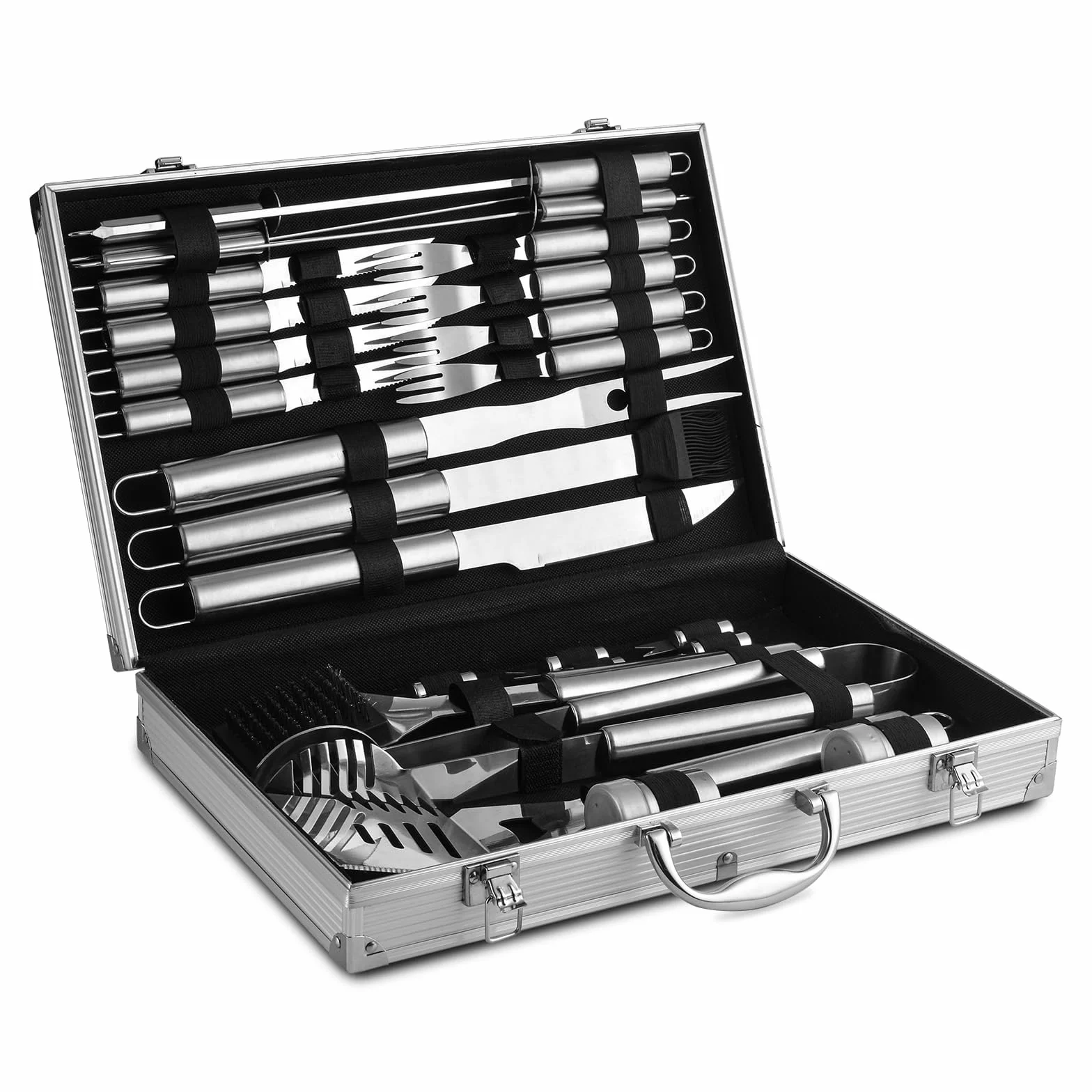RAXCO 27-częściowy zestaw sztućców do grilla, stal nierdzewna, akcesoria do grilla z aluminiową walizką, zestaw narzędzi do grillowania z łopatką, szczotkami, szaszłykami i pojemnikiem na przyprawy