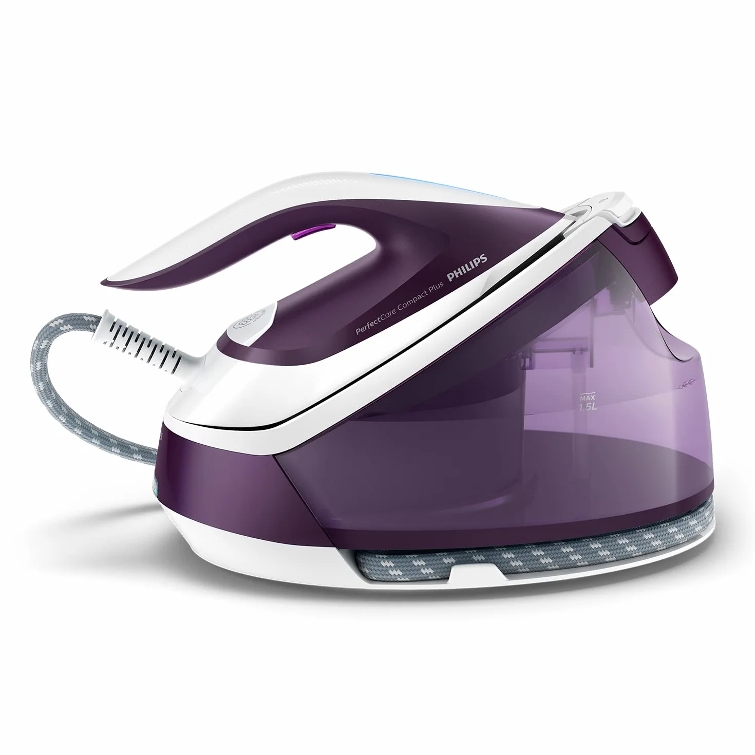 Philips Generator Pary PerfectCare Compact Plus - 2400W, Silne uderzenie pary 450g, Ciśnienie pompki 6,5 bara, Technologia OptimalTEMP, Zbiornik 1,5l, Fioletowy/Biały (GC7933/30)
