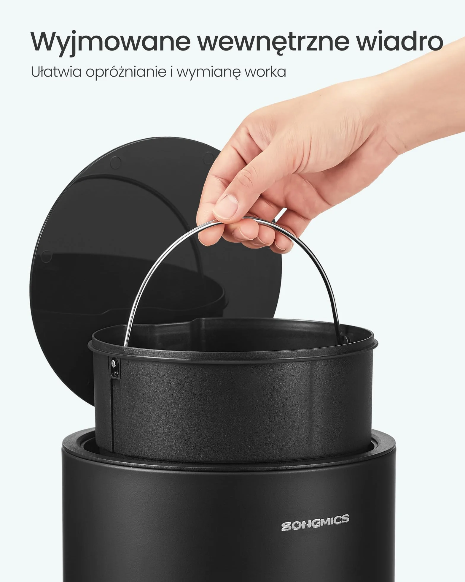 SONGMICS LTB012BZ01 Kosz łazienkowy z pokrywką, kosz na kosmetyki, 6 l, mały kosz na śmieci, miękkie zamykanie, wyjmowane plastikowe wiadro wewnętrzne, do sypialni, biura, stal, czarny atrament