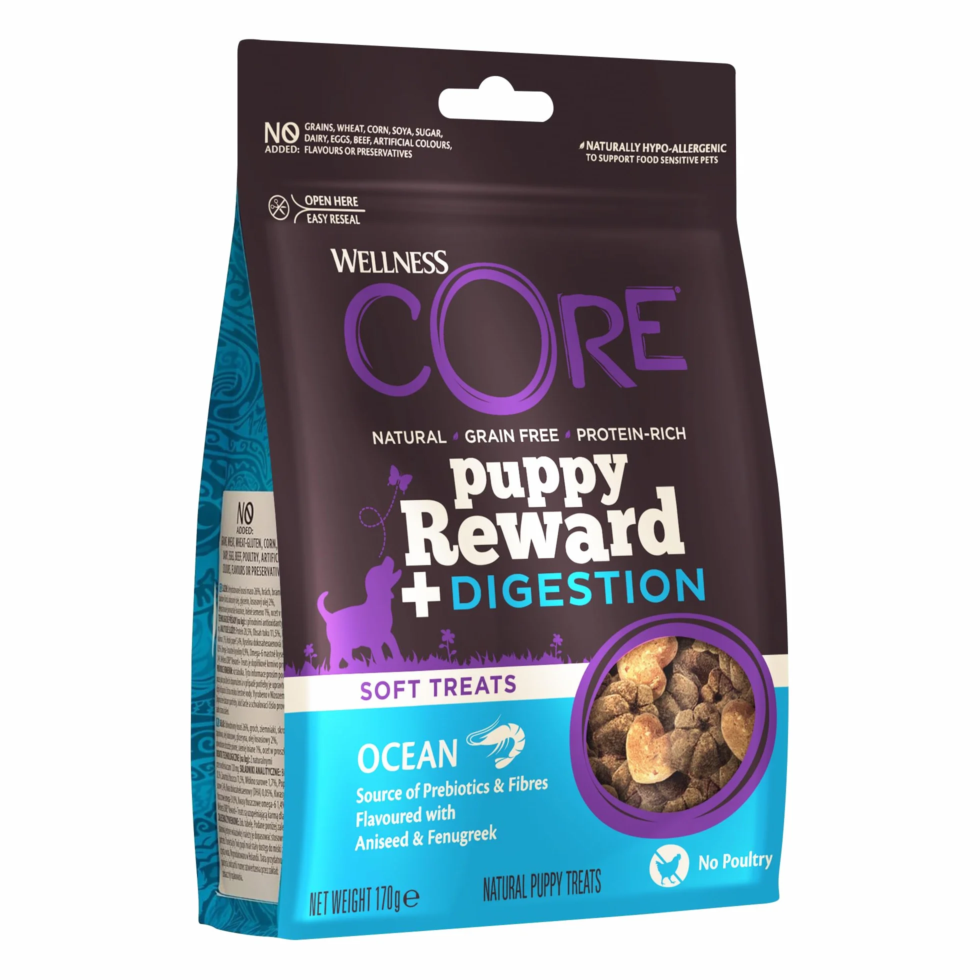 Wellness CORE Puppy Reward+ Trawienie 170 g, Ocean, Kryl – miękkie przysmaki dla psów, bezzbożowe, naturalne, hipoalergiczne, bogate w białko, o wysokiej zawartości ryb, wspomagające zdrowe trawienie