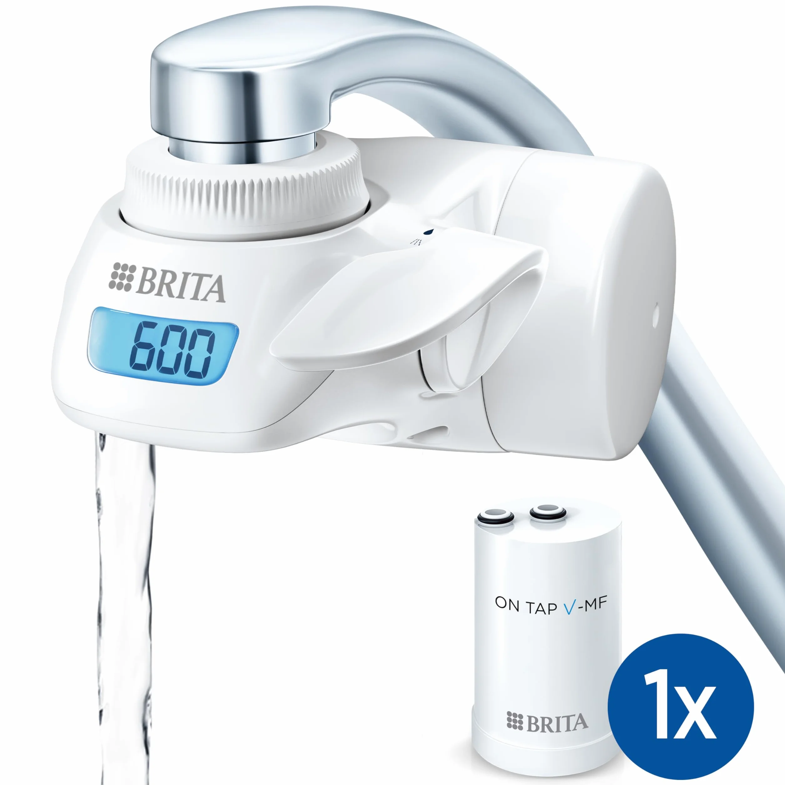 BRITA Filtr wody ON TAP Pro V-MF do kranu z 1 wkładem filtracyjnym (600l) - redukuje 99,99% bakterii, chloru, mikrotworzyw sztucznych i metali ciężkich /cyfrowy wyświetlacz LCD pokazuje pozostałą pojemność