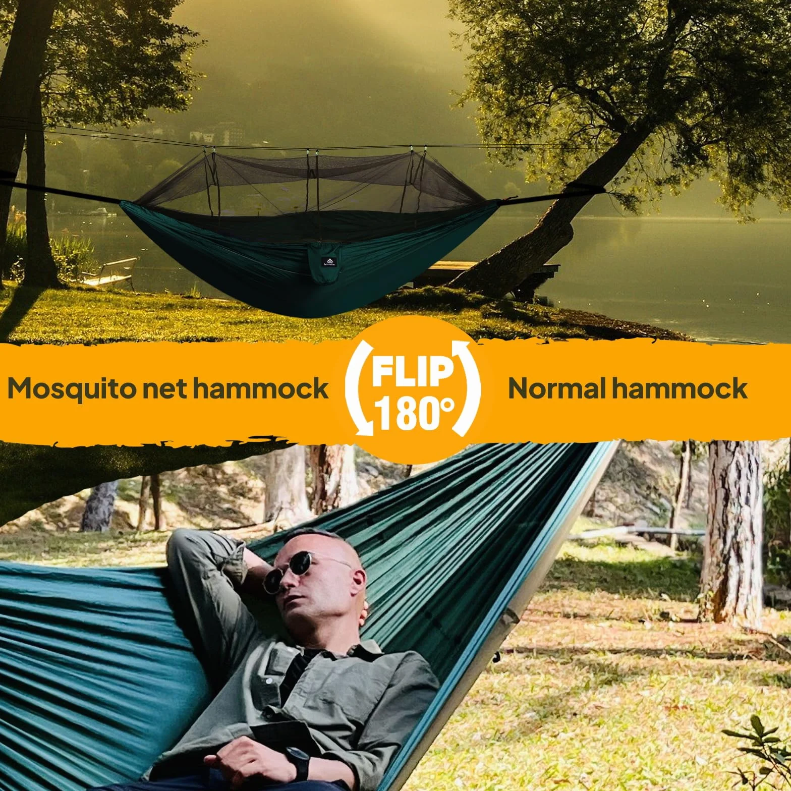 NATUREFUN Hamak kempingowy z moskitierą, nośność 300 kg, 300 x 200 cm, oddychający, szybkoschnący, nylonowy, nylon spadochronowy, 2 karabińczyki premium, 4 pasy w zestawie, na zewnątrz, do wewnątrz