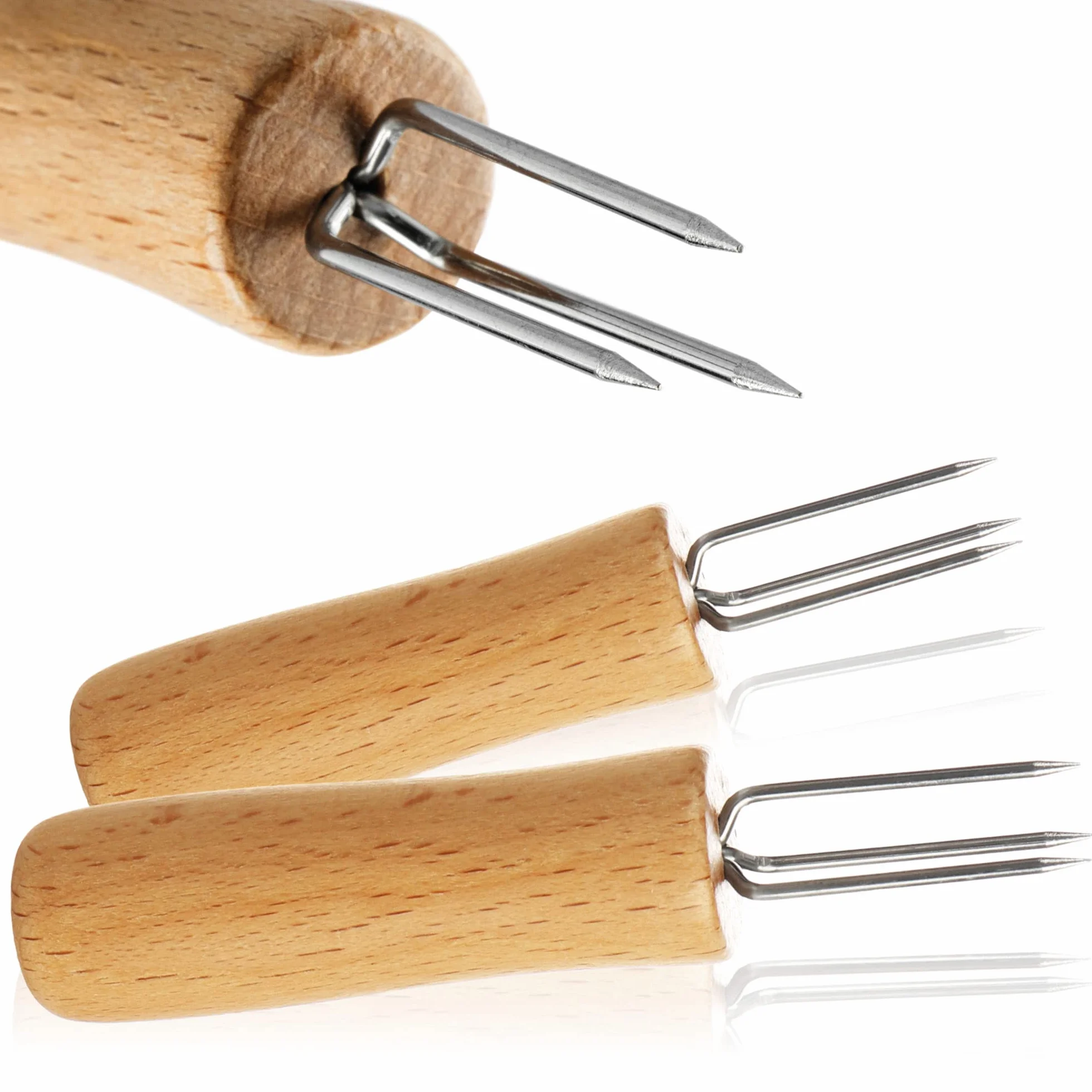 COM-FOUR® 8x widelec do kukurydzy z 3 zebami ze stali nierdzewnej, nierdzewny - szaszlyki kukurydziane wielokrotnego uzytku - pomoc w obieraniu ziemniaków w mundurkach (08 sztuk - drewno)