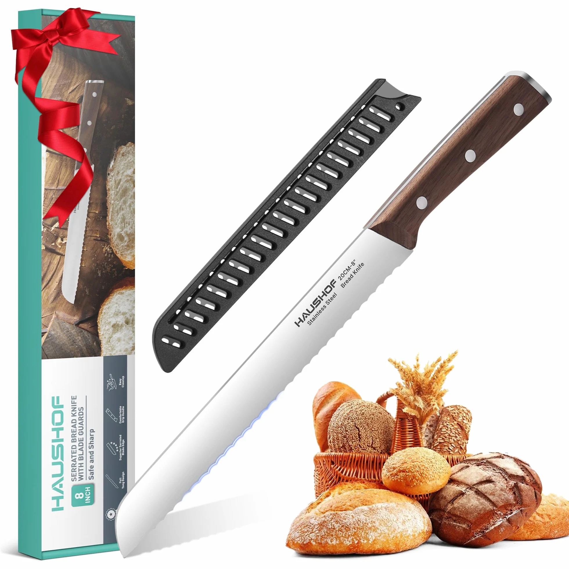 HAUSHOF Nóż do chleba, 20 cm, ząbkowany nóż kuchenny ze stali nierdzewnej o wysokiej zawartości węgla, ergonomicznie zaprojektowany drewniany uchwyt, idealny do krojenia chleba, bajgli, ciast