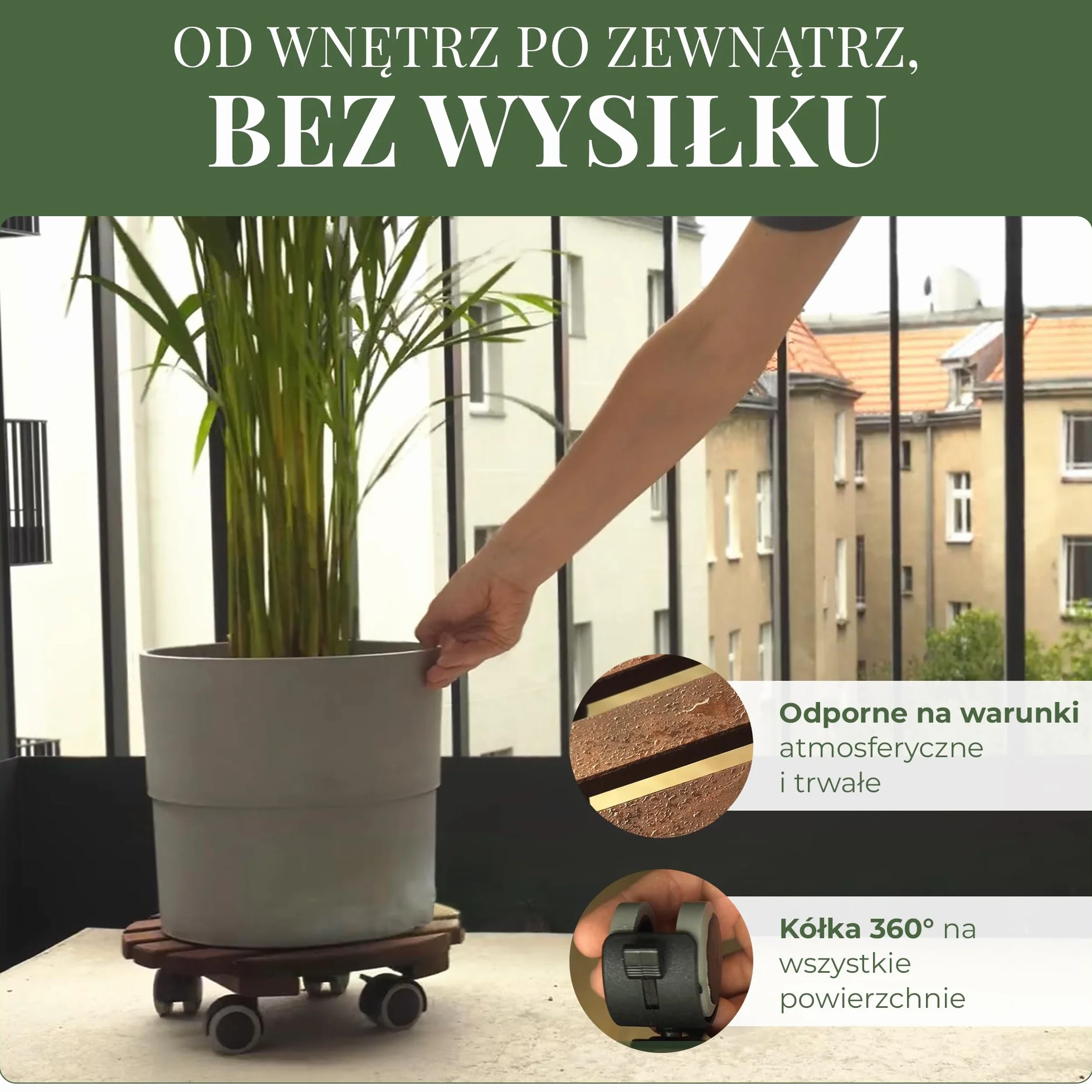 Podstawka pod Doniczkę na Kółkach | Zestaw 2, Ø 30 cm, Listwy z Drewna Olchowego FSC o Grubości 15,5 mm, do 100 kg, Ciche Kółka 360° z Hamulcem, do Wnętrz i na Zewnątrz, Powłoka Odporna na UV i Wilgoć