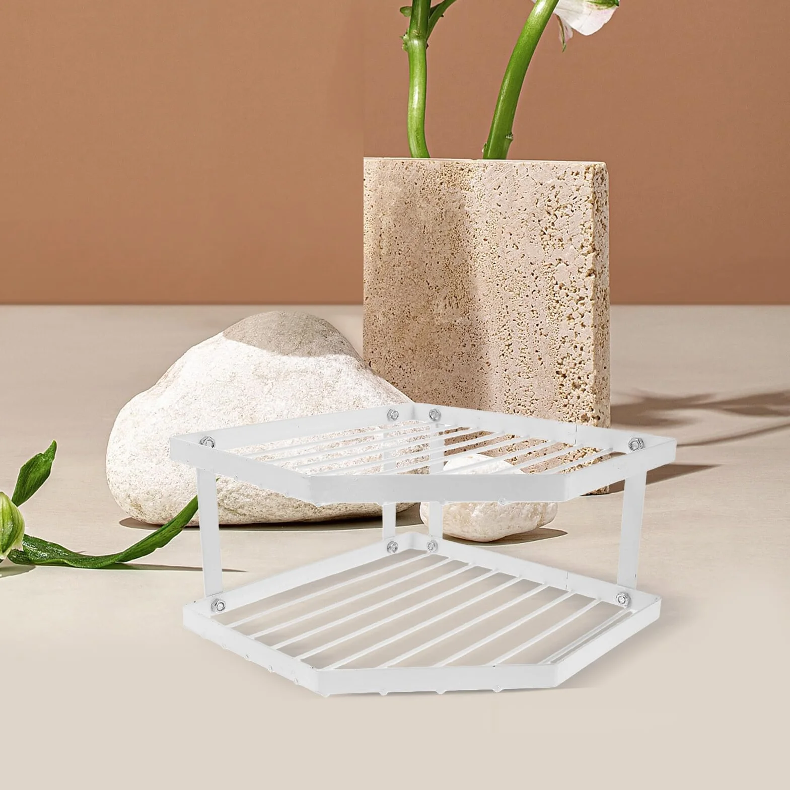 2-poziomowa narożna półka kuchenna, metalowy stojak na garnki z białą powłoką, 34 x 12 cm, oszczędzający miejsce, wielowarstwowy nizer na garnki, patelnie, słoiki na przyprawy i niezbędne przybory
