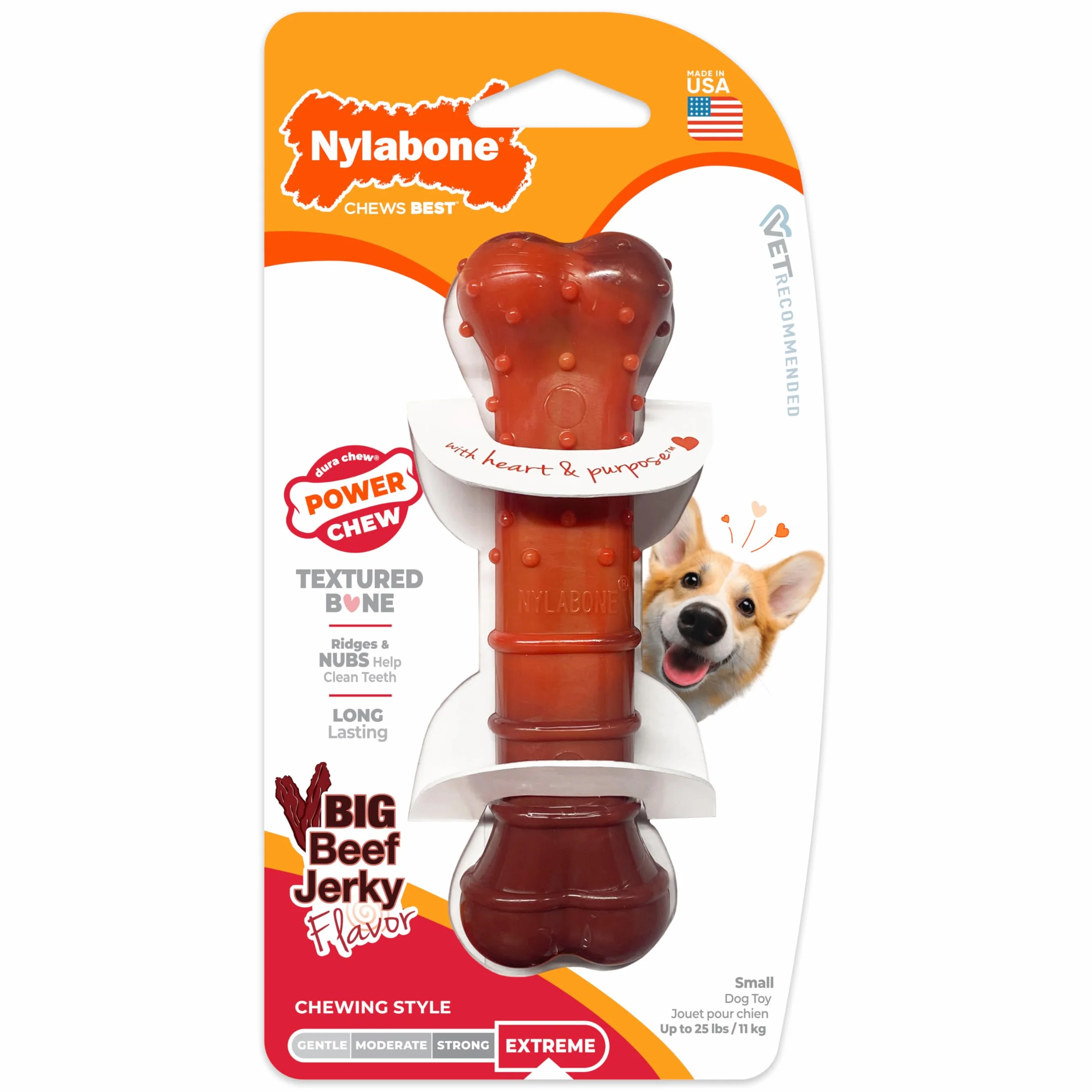 Nylabone wytrzymała zabawka do żucia dla psa, oczyszcza zęby, smak suszonej wołowiny, mała, do 11 kg