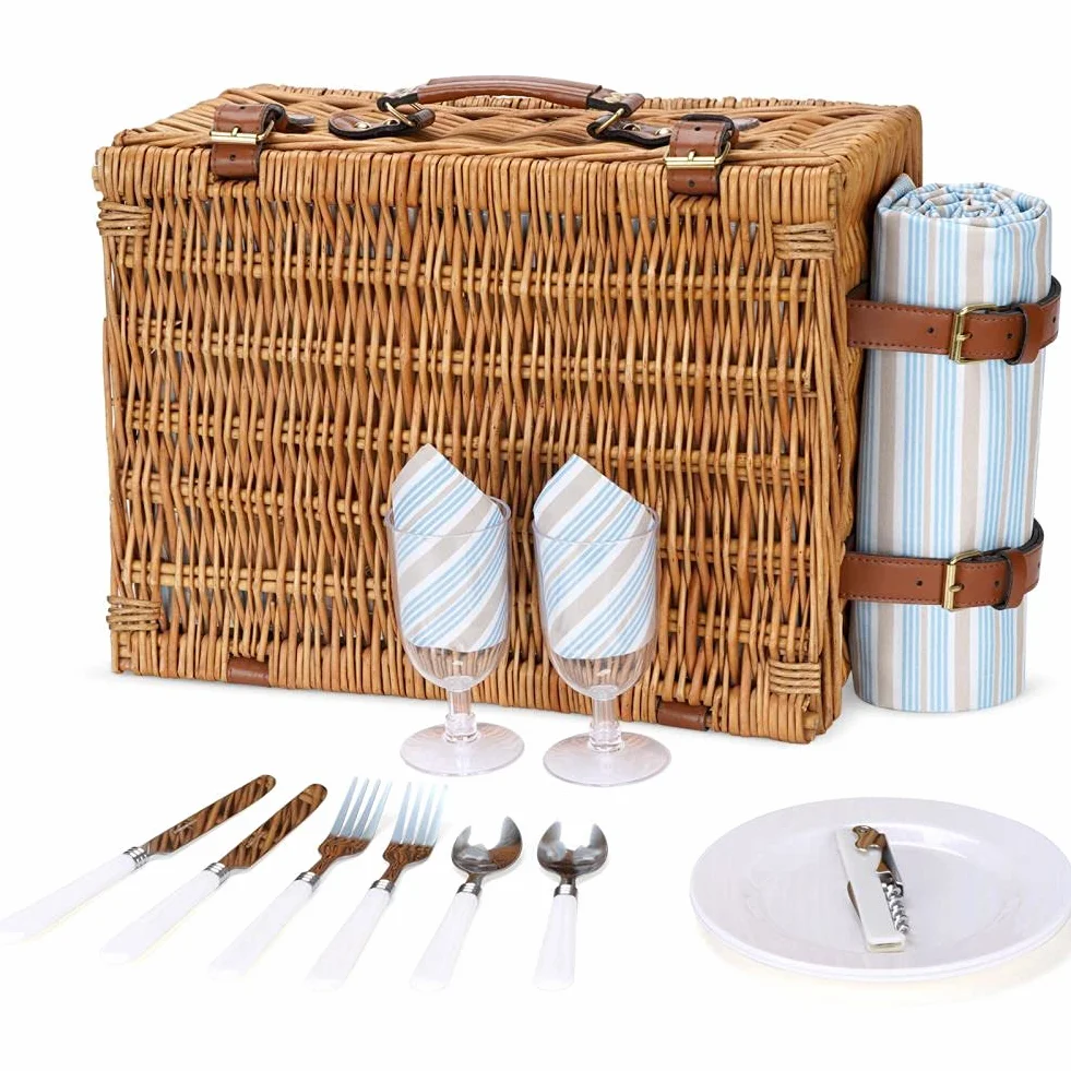 HappyPicnic Wiklinowy kosz piknikowy dla 4 osób, Willow Storage Hamper, zestaw upominkowy na kemping i imprezę na świeżym powietrzu (rozmiar M dla 2 osób)