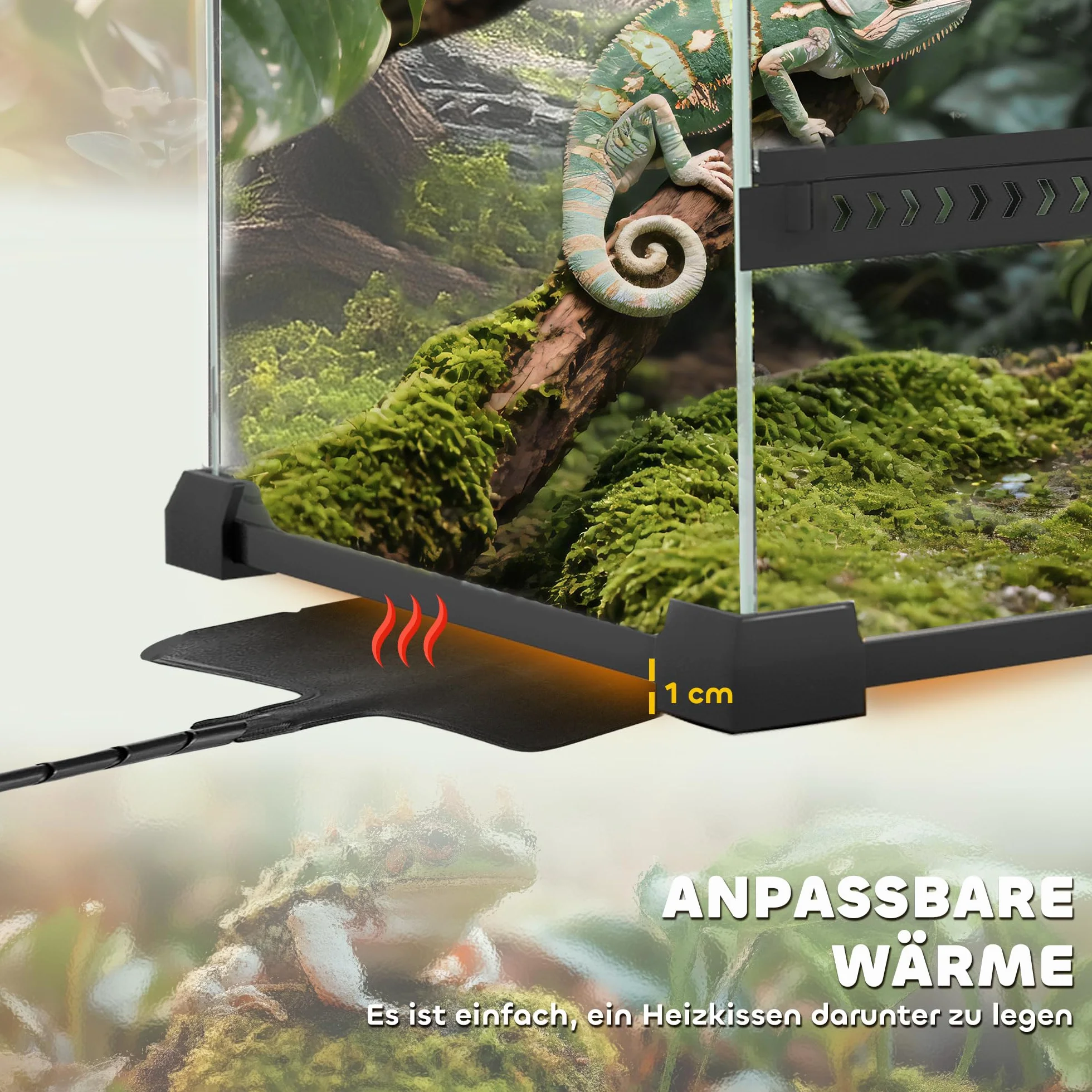 PawHut Terrarium dla gadów, szklane sterrarium 48 l, pudełko na karmienie gadów, z przednią wentylacją, odporne na wybicie zamknięcie obrotowe dla pająków, czarne, 50 x 30 x 35 cm