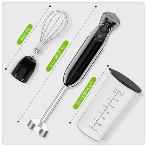 Bonsenkitchen Elektryczny blender ręczny 3 w 1, 1000 W, z miarką i trzepaczką, bezstopniowa regulacja prędkości do koktajli mlecznych, puree, sosów, HB3202 (czarny)