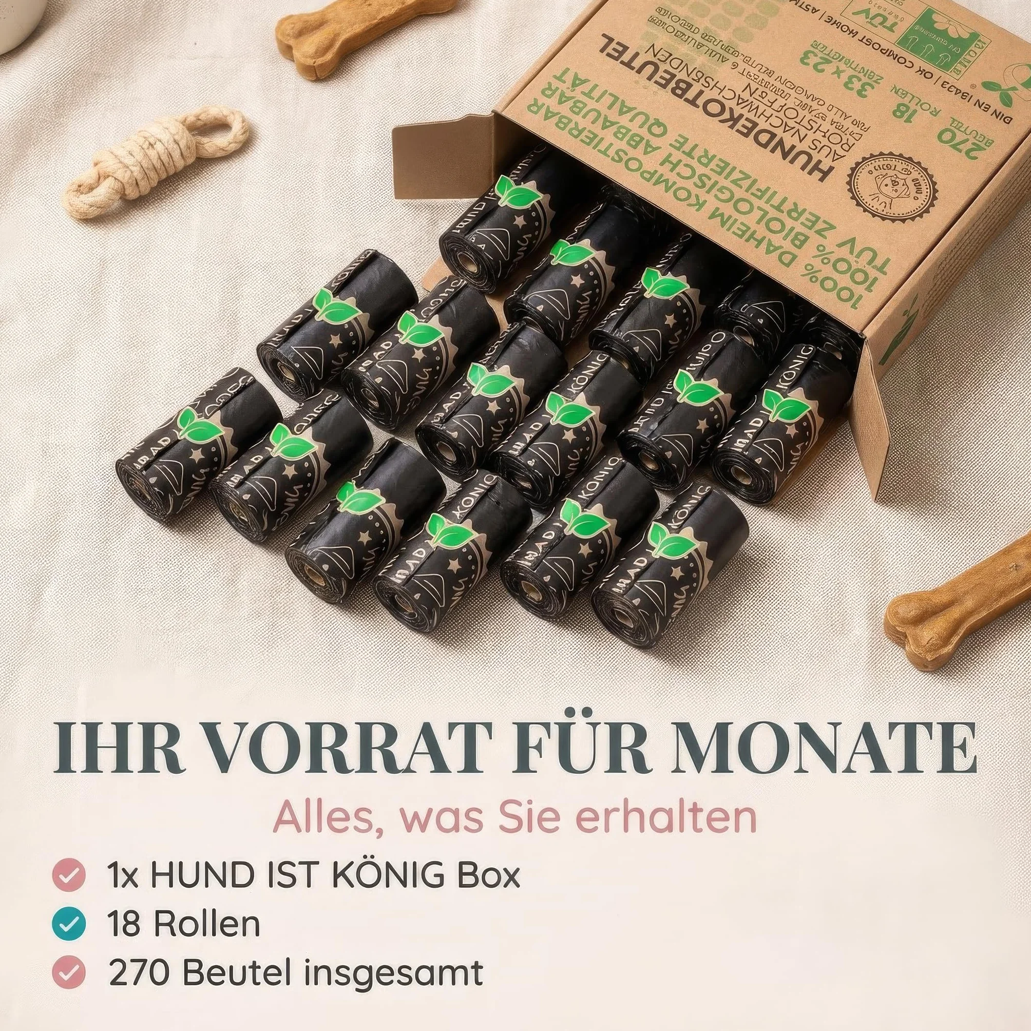 HUND IST KÖNIG Worki na odchody dla psów biodegradowalne [270 szt.] 100% kompostowalne worki na odchody dla psów, certyfikat OK compost HOME, odporne na rozdarcia worki na odchody dla psów