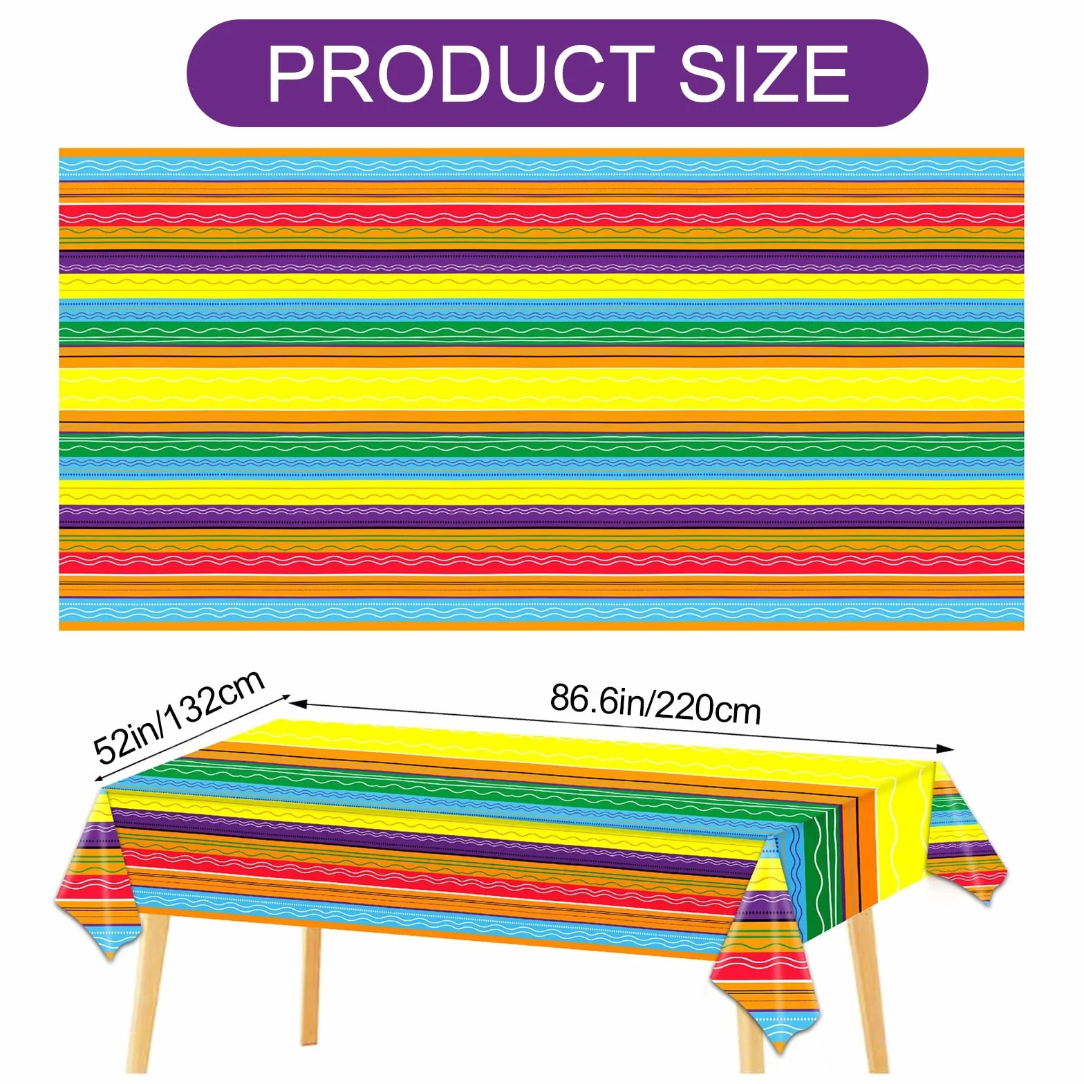 2 szt. meksykański obrus serape, 132 x 218 cm, duża meksykańska dekoracja stołu PE pikniki na zewnątrz obrusy do jadalni plastikowe kolorowe paski pokrowiec na stół Fiesta Taco dekoracja na Cinco de