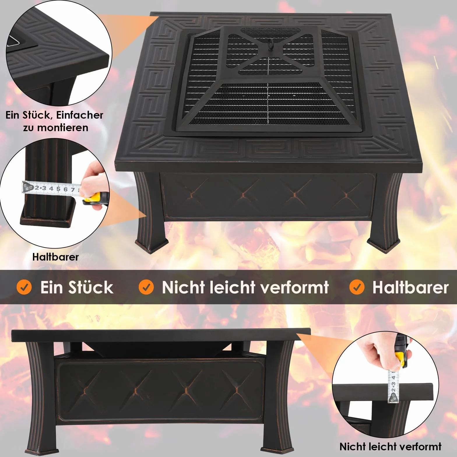 Palenisko do grillowania i ochrony przed iskrami, 3 w 1, kwadratowe z pokrywą, do ogrodu, BBQ, kempingu, ogrzewanie tarasu, 81x81x51 cm