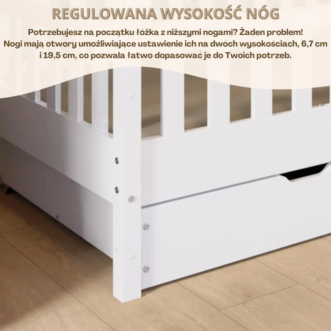 Łóżko domek Crazy Blanco 160 x 80 cm – Białe łóżko dziecięce z naturalnego drewna z odkręcaną barierką – Łóżko Montessori