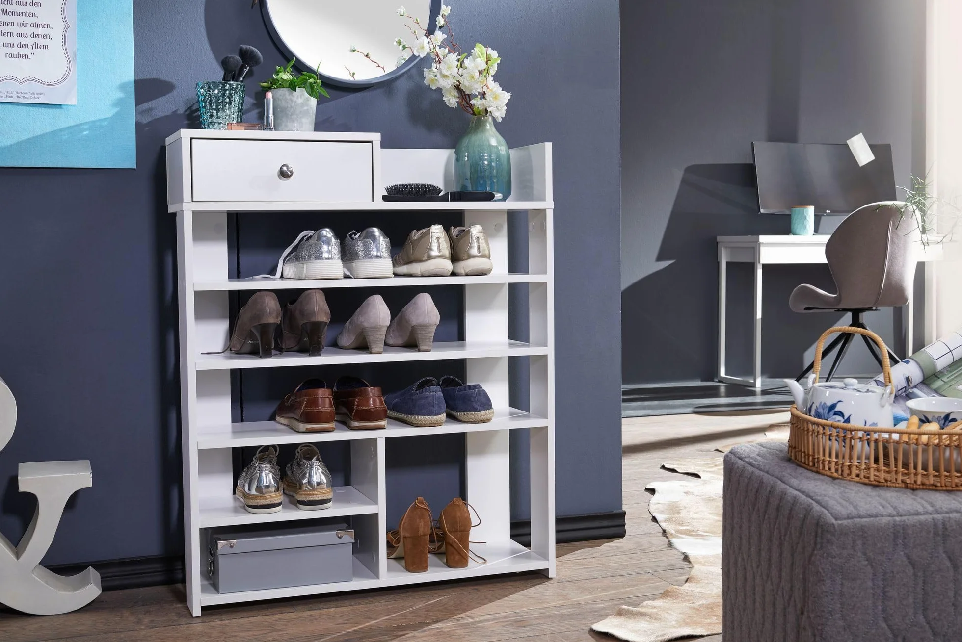 WOHNLING Regał na Buty 75x24x92,5 cm Biały z Szufladą, 7 Przegrody | regał do przedpokoju wysoki do wiele par butów, regał stojący ze schowkiem, półka na buty otwarta do przedpokoju i korytarza