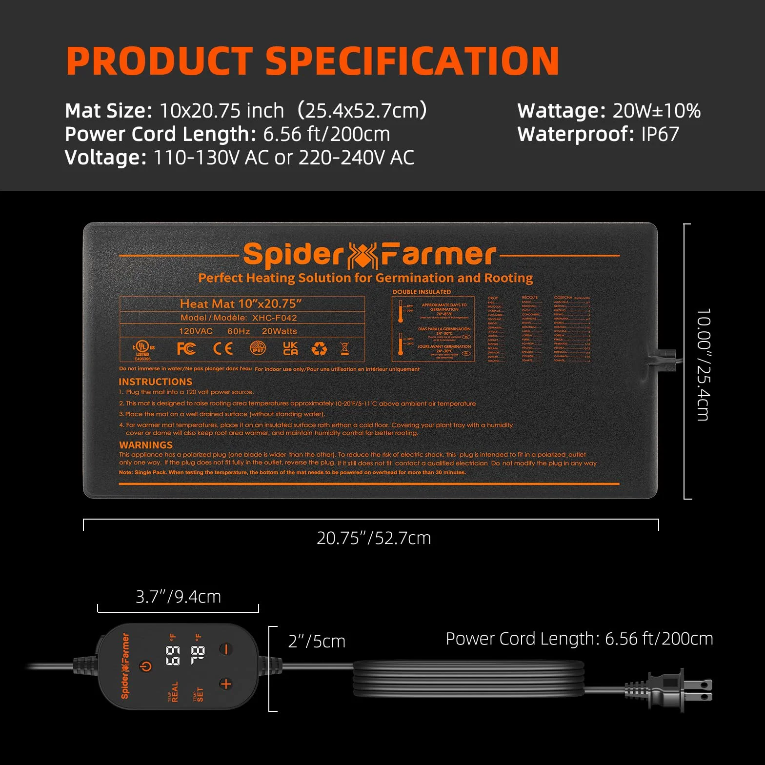 Spider Farmer Mata grzewcza do roślin z regulatorem termostatu, poduszka grzewcza do szklarni i zwierząt domowych